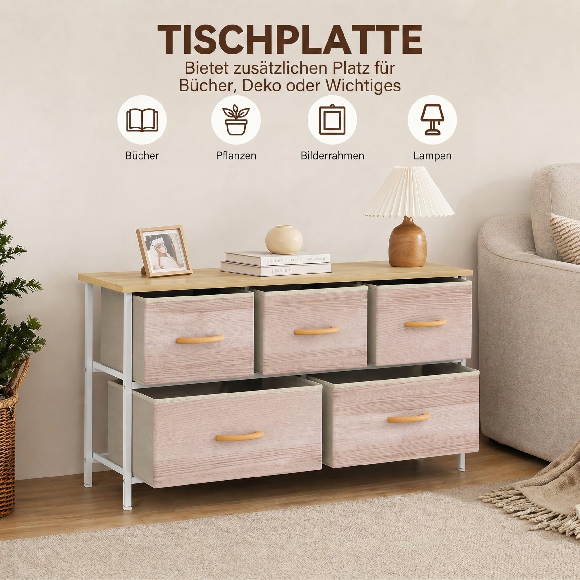 HOMCOM Kommode 5 Schubladen aus Stoff 100x30x51,5 cm Naturholz und Weiß