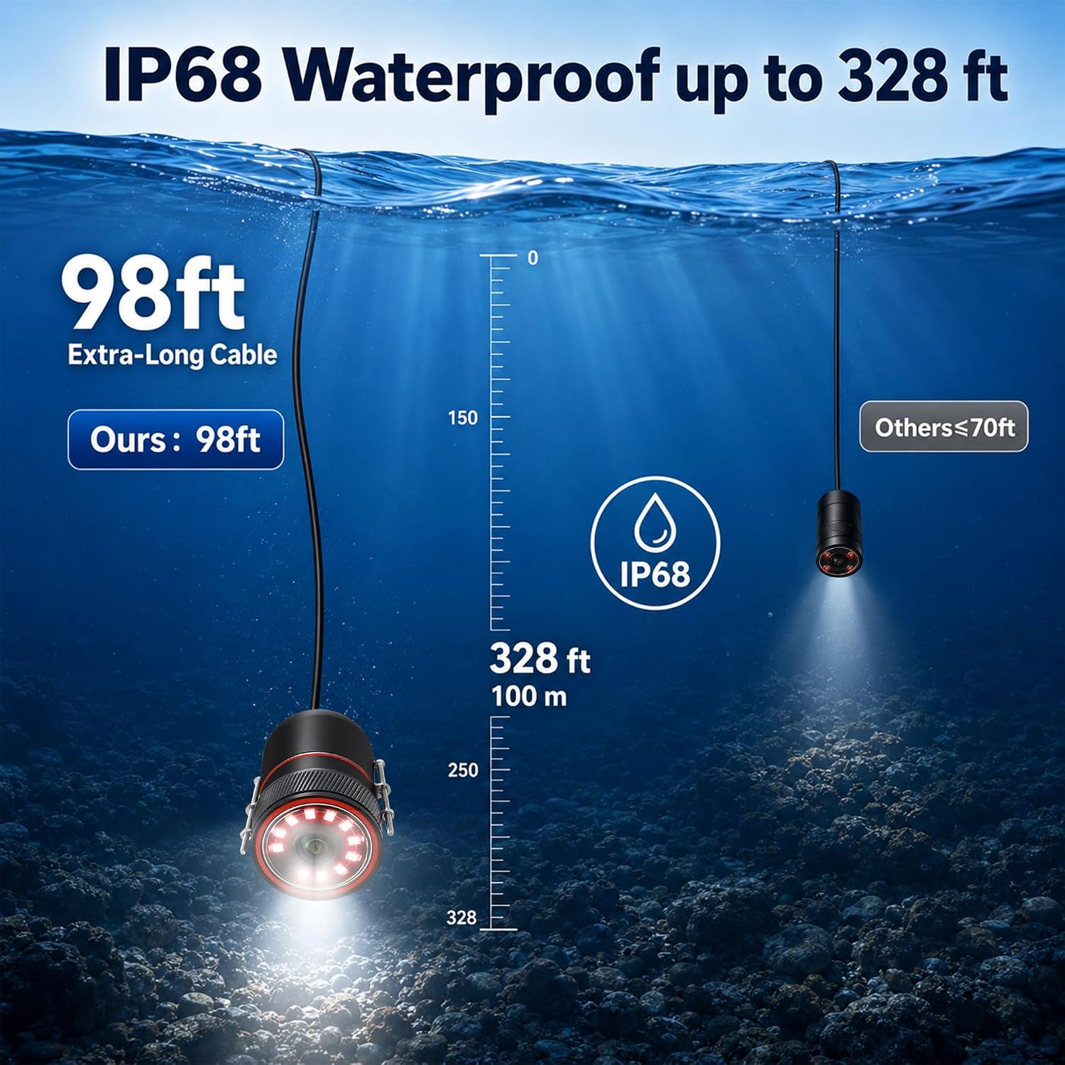 Underwater Fishing Camera, 98FT Longer Cable, 1080P HD 7'' IPS Monitor Fish Finder, 10000mAh Large Battery, Ice Fishing Camera with Deep Reach & Clear View for Lake Boat Ice Fishing,with/No SD Card
