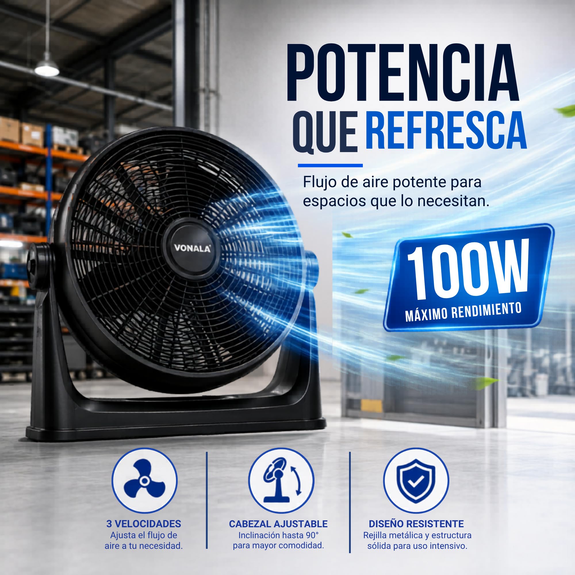 Vonala Ventilador de Suelo y Pared Industrial 100W Ventilador Potente 50cm Silencioso ABS Antivibración Fan Para Exterior e Interior Negro, Ventiladores Potentes Silenciosos