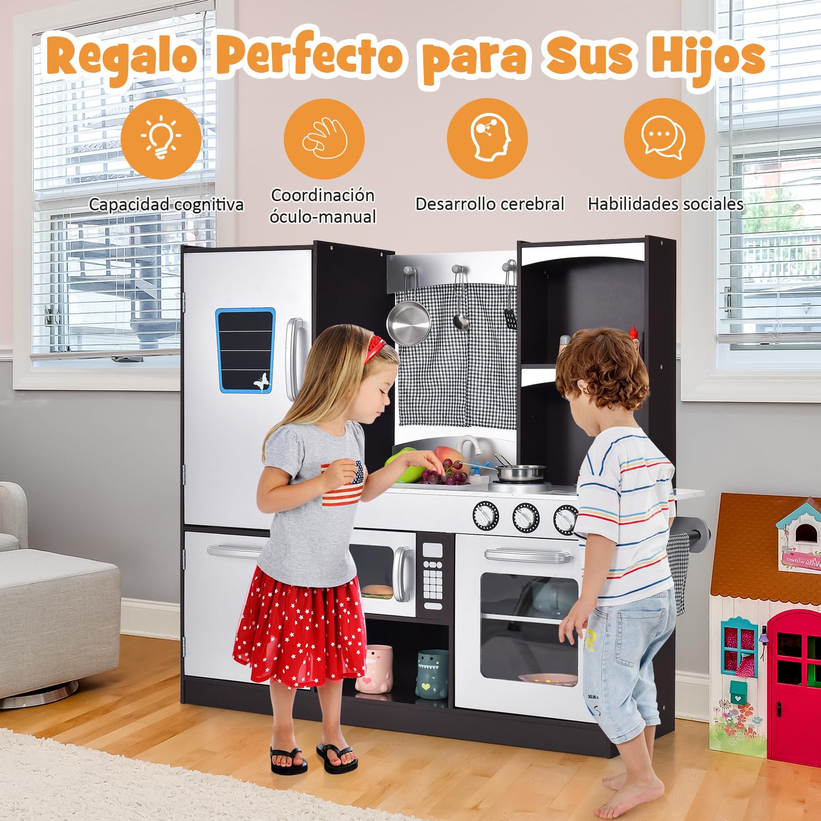 COSTWAY Cocina de Juguete de Madera con Accesorios, Juego de Cocina con Refrigerador, Microondas, Horno,Pizarra, Estufa,Grifo y Fregadero de Juguete, Cocina Infantil para Niños y Niñas de 3+ Años