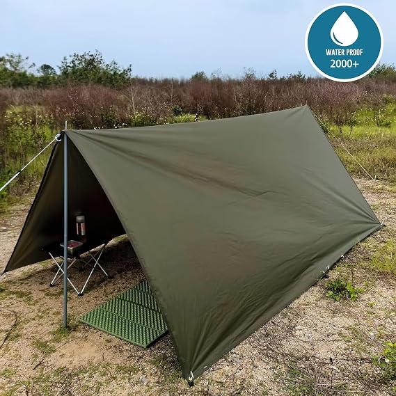 Camping Tarp Shelter 3x3m 3x4m 3x5m Lightweight Tent Tarpaulin Waterproof Tent Awning Canopy Basha Sunshade for Hiking Backpacking (Olive Green, 4x4m)