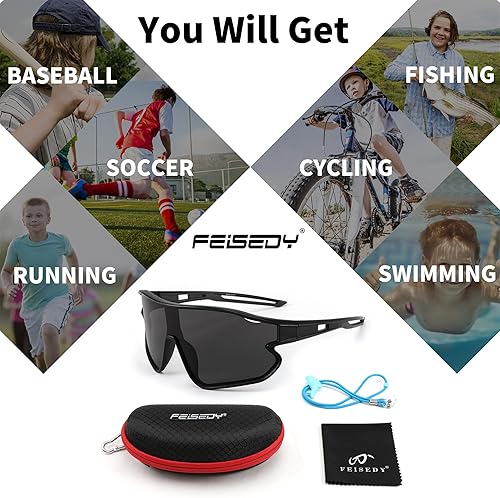 Miniatura 7 de FEISEDY Gafas de sol unisex para jóvenes, gafas de sol de béisbol y tenis, UV400 deportivas para niños y niñas, pantallas de ciclismo B4064