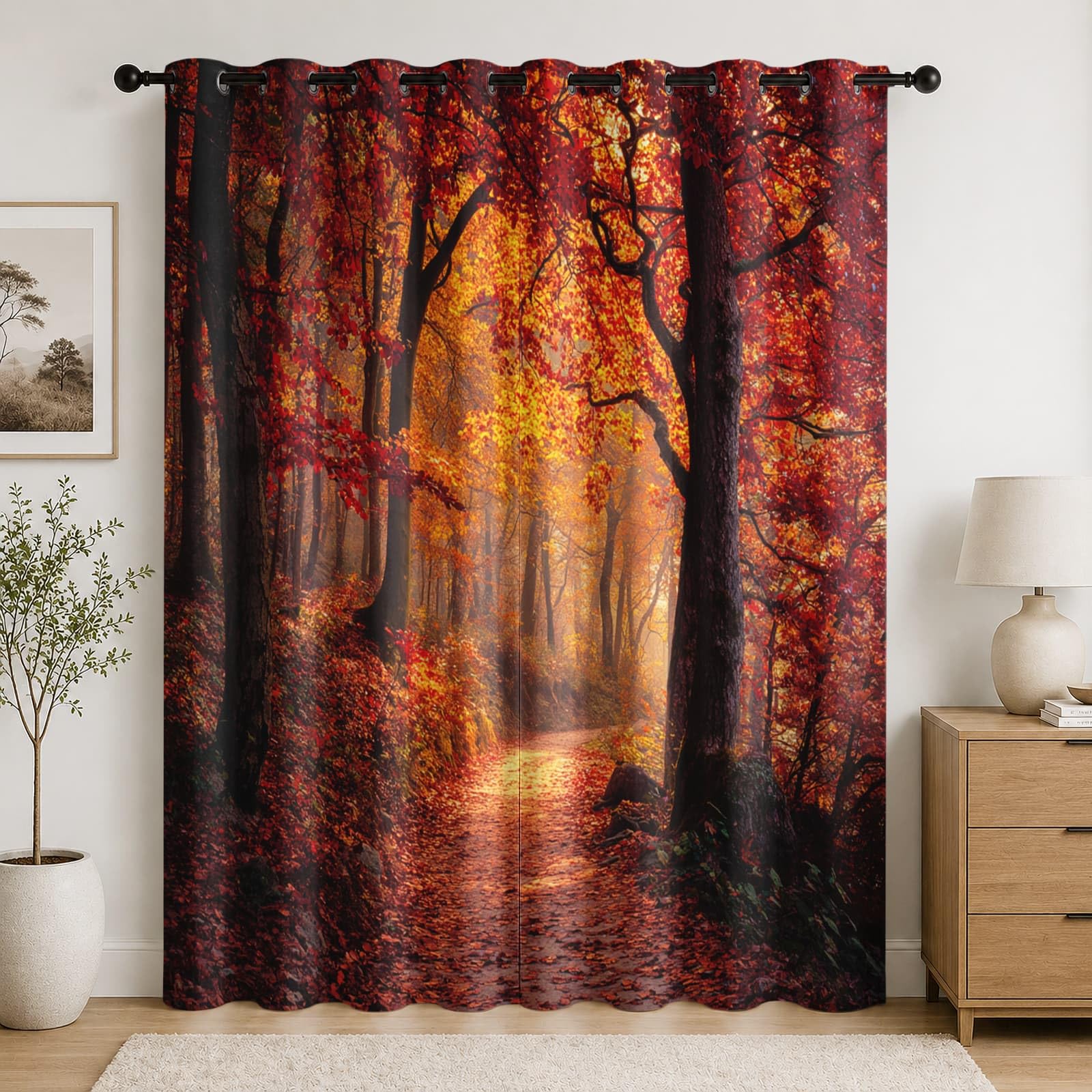 Genérico Blackout Cortinas Salon Opacas 2 Piezas 140An x 260Al cm, Paisaje de Bosque Cortinas Termica Dormitorio con Ojales Naranja Rojo Visillos Acusticas Privacidad Suave