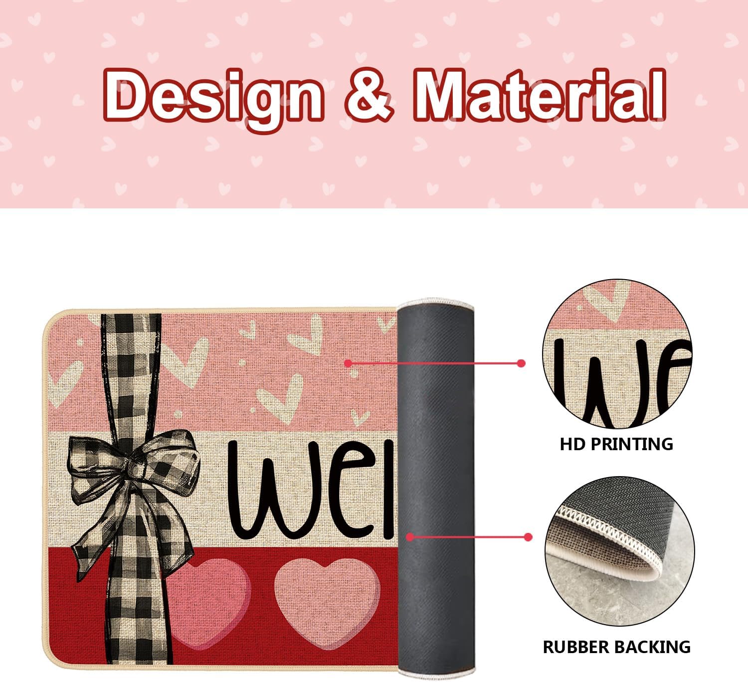 Baccessor Valentines Day Door Mat Welcome Love Bow Pink Heart 17x29 inch Decorative Front Doormat Indoor Outdoor Non Slip Rubber Backing Seasonal Anniversary Wedding Kitchen Decoration