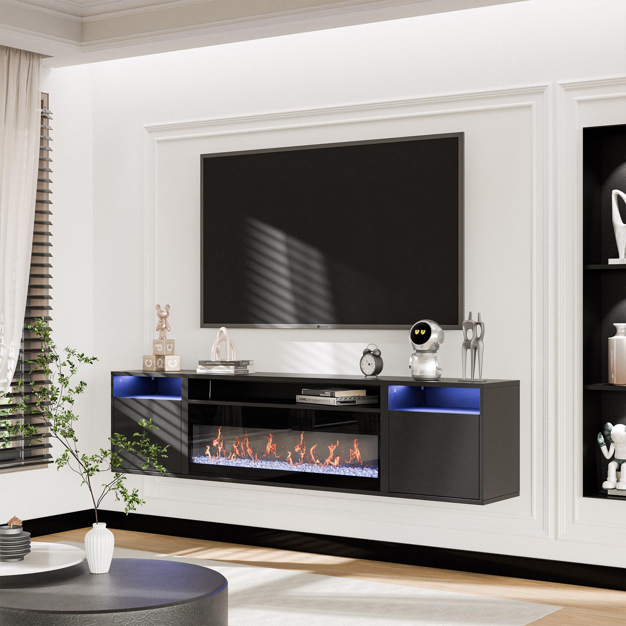 BELLEZE 70" Floating Fireplace TV Stand Wall Mounted with 36" Electric Fireplace,960 RGB Colors Entertainment Center with Storage for TVs up to 80",