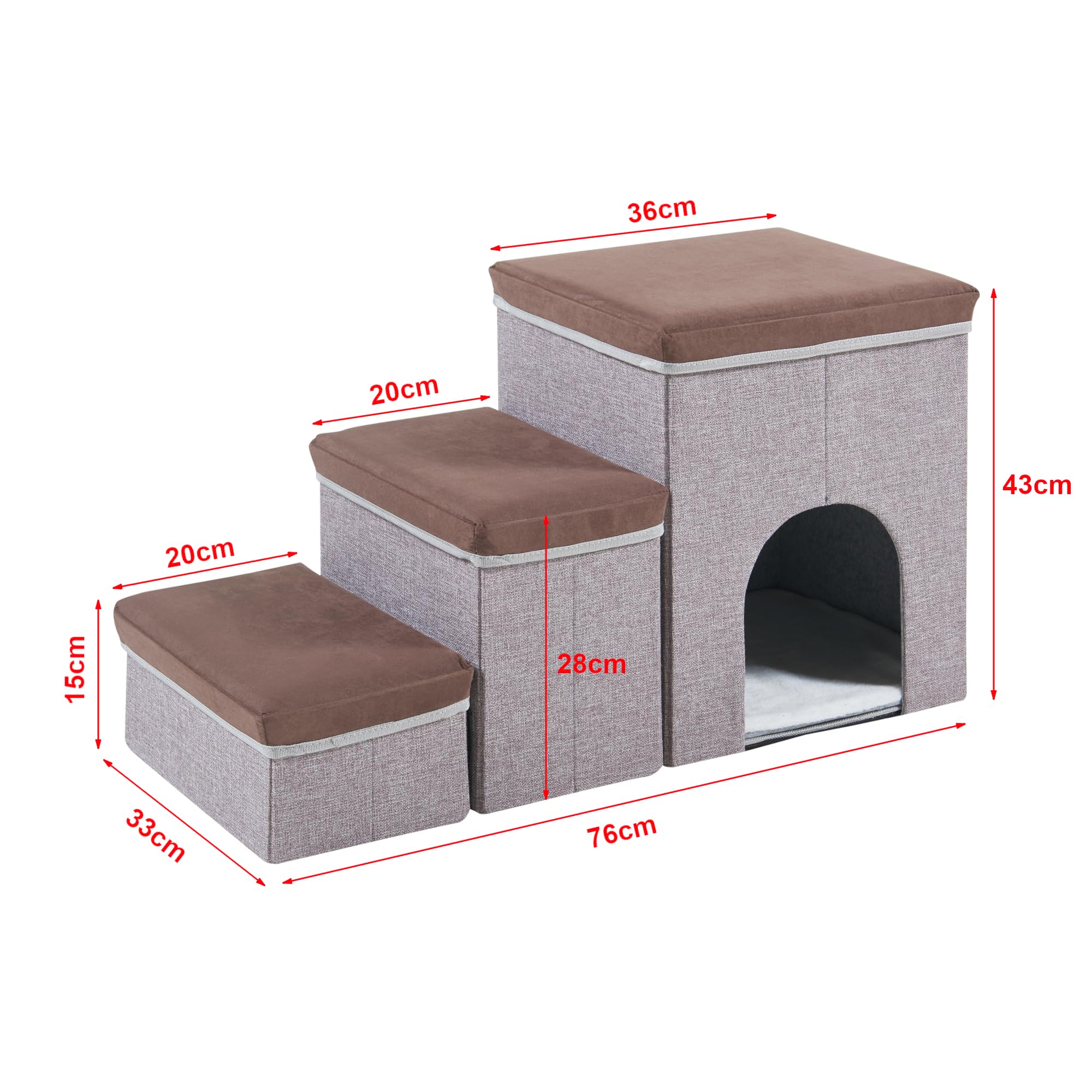 [en.casa] Scala a 3 Gradini per Cani e Gatti con Porticina Contenitori Pieghevoli con Coperchio Antiscivolo in Ecopelle 76 x 33 x 43 cm - Marrone Scuro/Grigio
