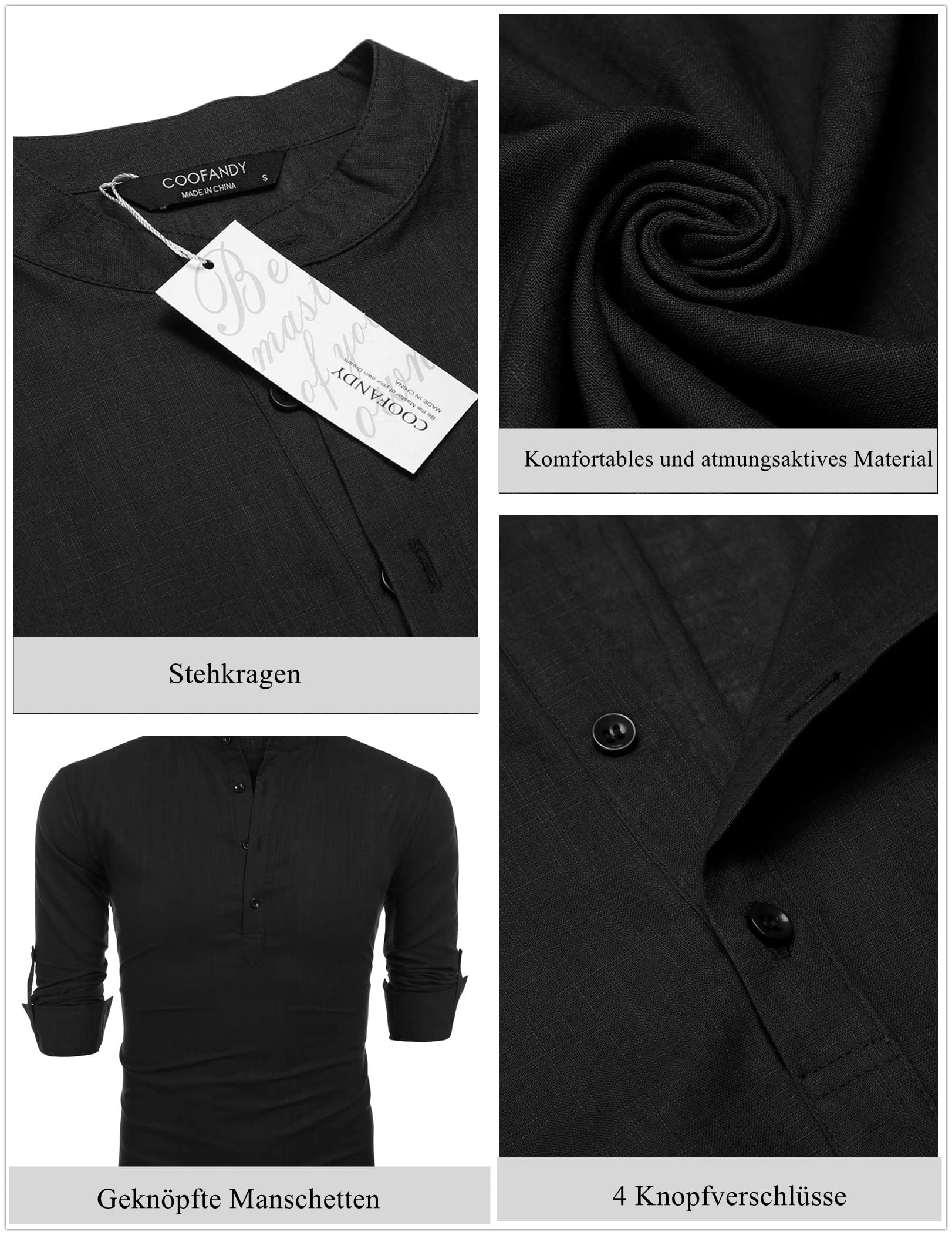 COOFANDY Chemise en Lin Henley à Manches Longues pour Homme d'été en Coton Col décontractée Chemise
