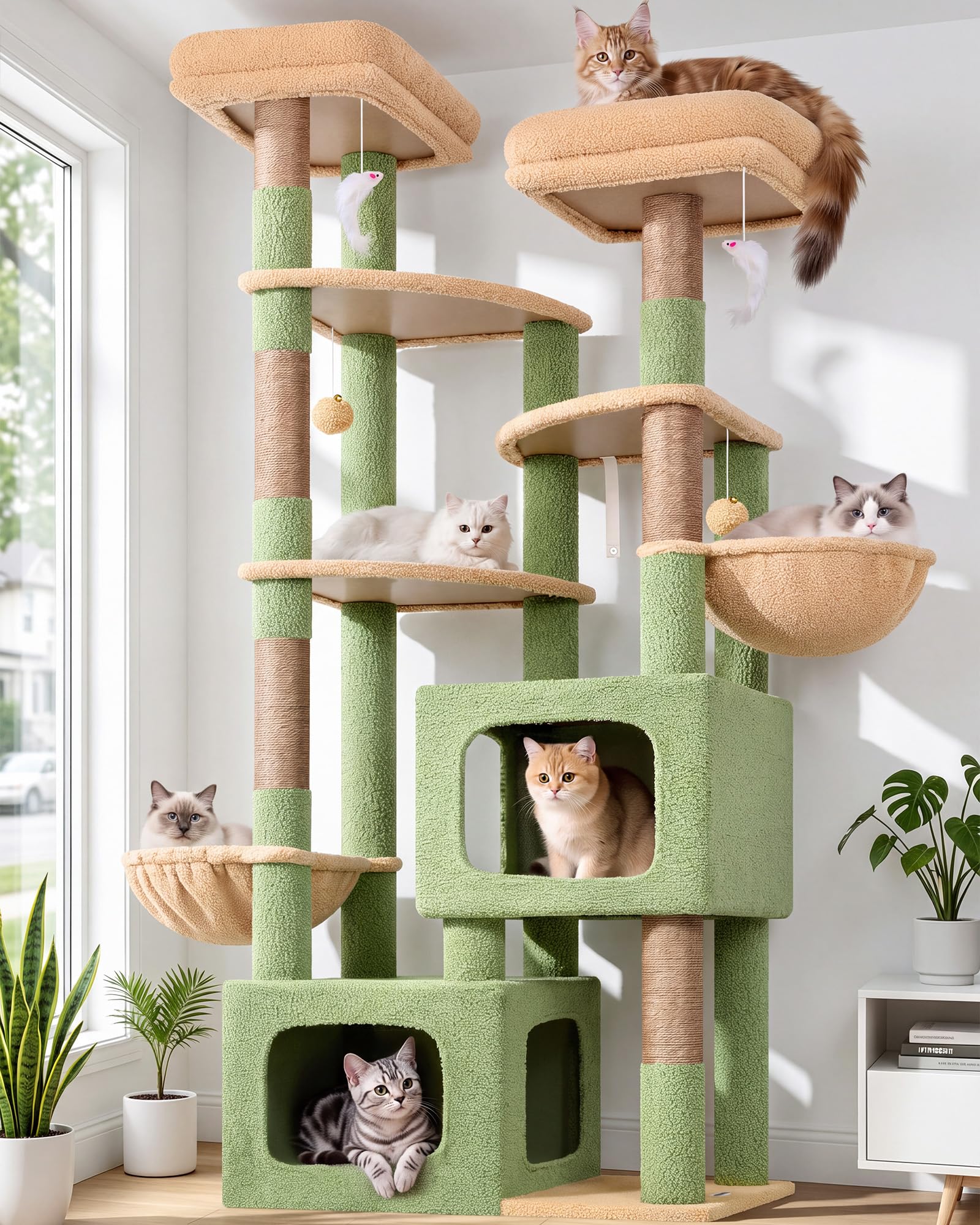 Globlazer Albero Tiragraffi per Gatti Adulti XXL 189 cm con 2 Grande Grotte 45 * 40 * 35cm, 3 Vasto Piattaforma, 2 Trespoli, 2 Cestini, Stabile Cactus Tiragraffi per 3-5 Gatti Grandi (S74E, Verde)