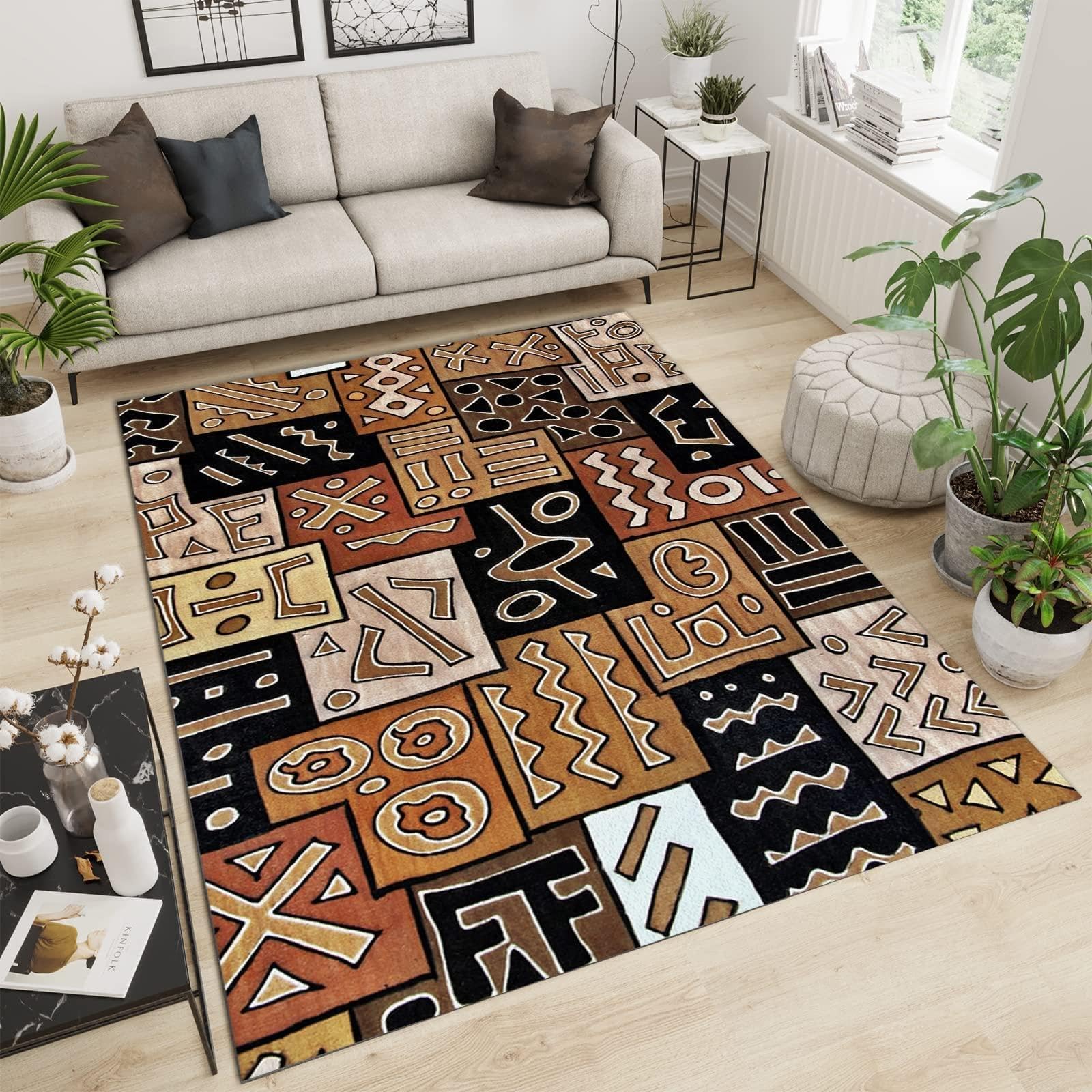 Tapis Salon à Poil Court 120x150cm Tapis Traditionnel Rétro Africains Motif Paillasson Intérieur pour Chambre, Salle à Manger, Cuisine, d'enfant Ado et Adulte Chambre, Tapis de Couloir
