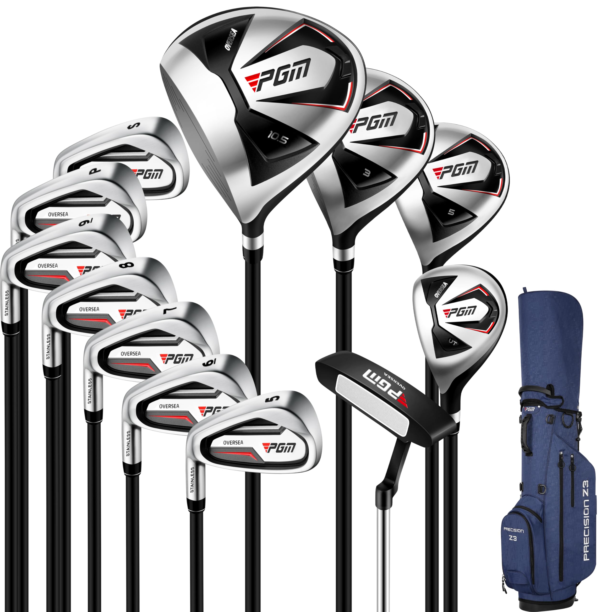 PGM Men's Left-Handed Golf Club Set with 12pcs Clubs - 4 Woods(#1,3,5,4H), 7 Irons(#5,6,7,8,9,PW,SW), and 1 Putter - Golf Stand Bag - Graphite shaft