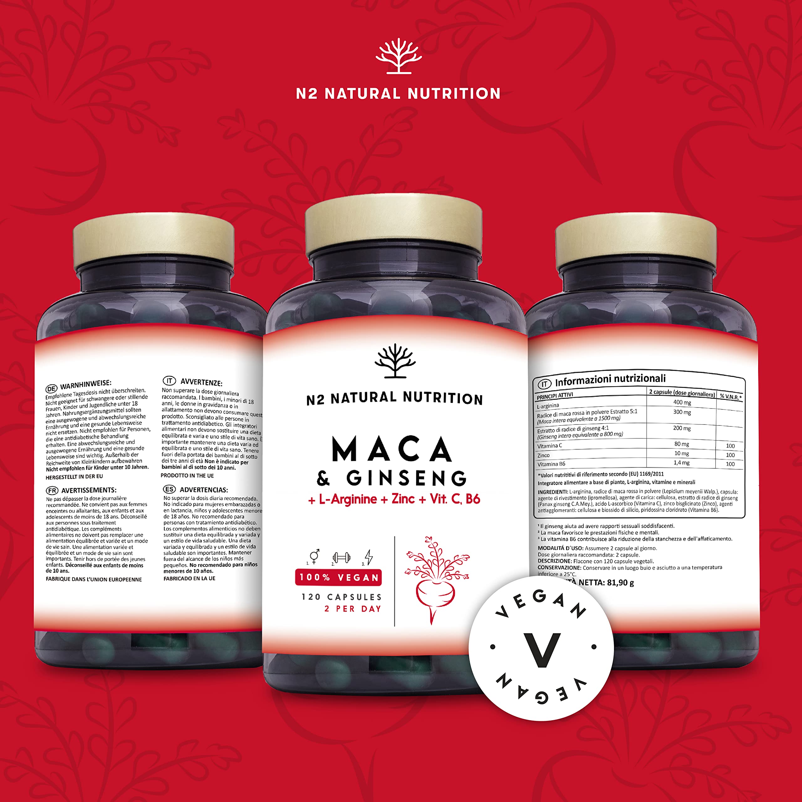 Maca Peruviana + Ginseng + L Arginina. Tripla Energia. Zinco + Vitamine C e B. Prestazioni sportive. Riduce Stanchezza e Fatica. Antiossidante. 120 Capsule. CE, Vegano, N2 Natural Nutrition