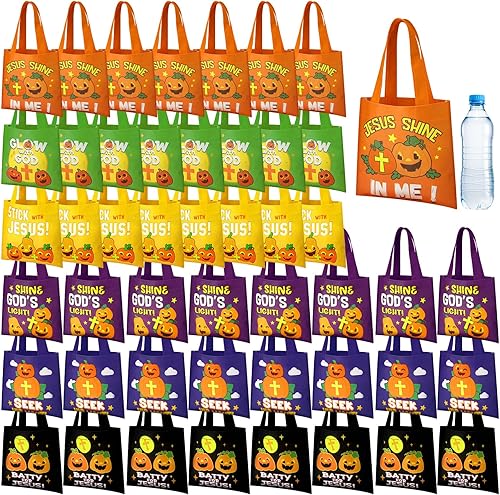 Abbylike 48 bolsas de golosinas de calabaza cristiana para niños, bolsas de golosinas cristianas de Halloween, bolsa de mano no tejida para