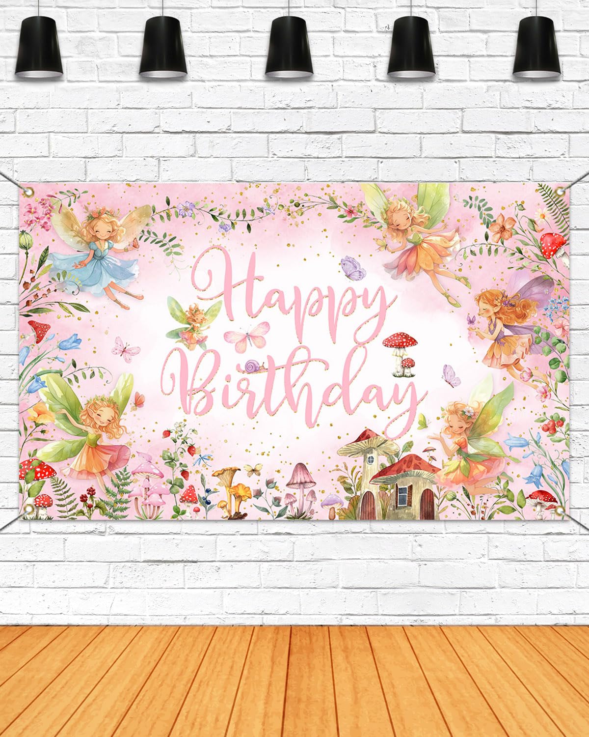 Mocsicka Fairy Birthday Backdrop Banner Pink Little Fairy Happy Birthday Party Decorations Banner for Girls Spring Magic Forest Princess Birthday
