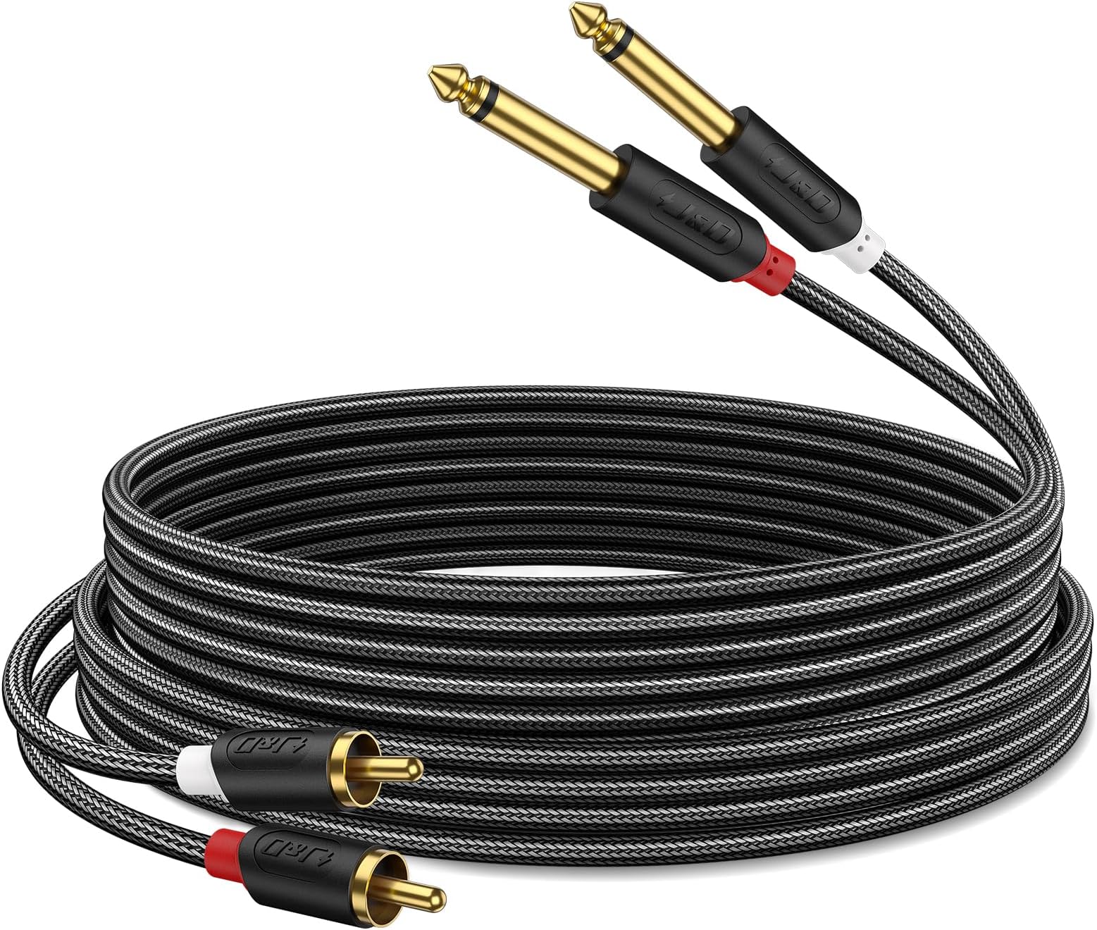 J&D Dual 1/4" TS to RCA Cable - Gold Plated 6.35mm Male to RCA Male Stereo Audio Interconnect Cable with Nylon Braid for Mixer, Amplifier, 1.8 Meter