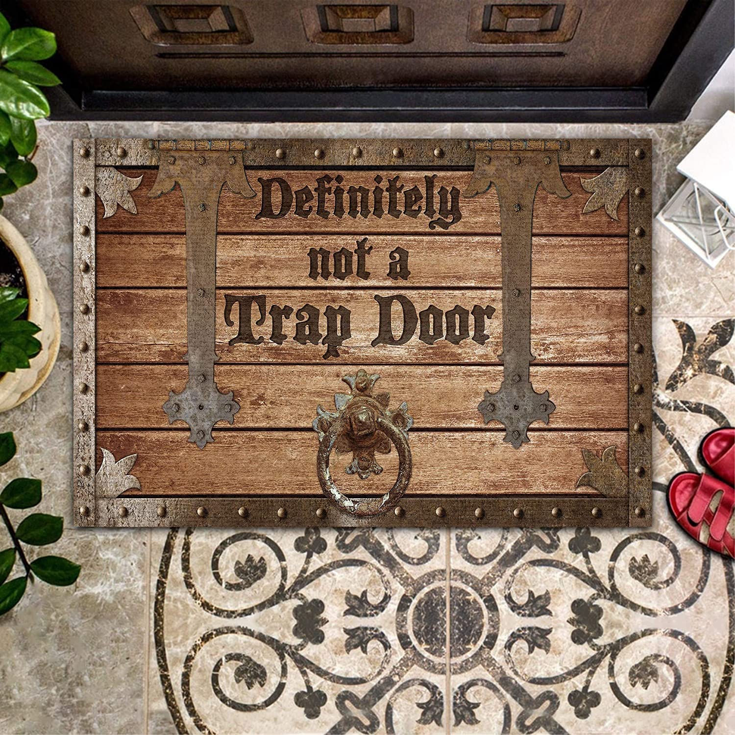 Definitely Not A Trap Door Funny Front Door Mat Ultra Durable Humor Porch Decor Doormat Indoor and Outdoor Welcome Mat Heavy Duty Non-slip 3D Simulation Door Panel Illusion Rug, Shipped Rolled 30“x18”