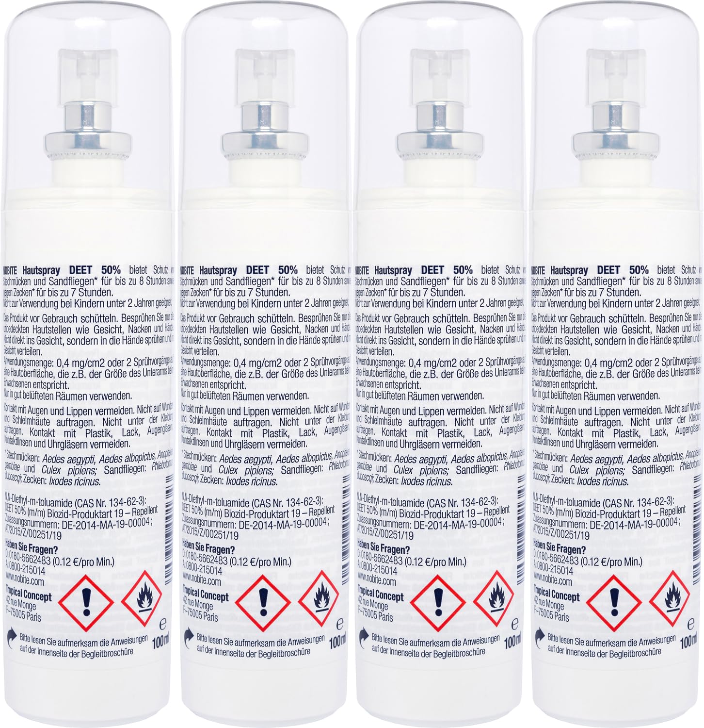NOBITE Hautspray 4x100ml – Mückenspray & Zeckenschutz, 50% DEET Tropenspray