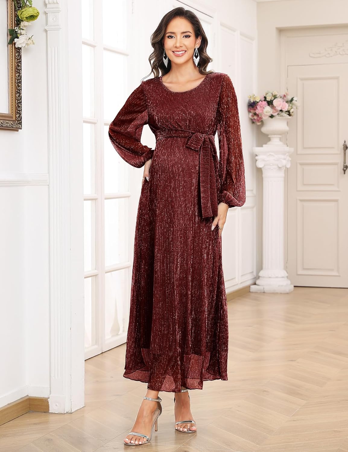 CYCLAMEN 2025 Maternity Sparkly Mesh Maxi Dress Long Sleeves Long Flowy Pregnant Dress with Belt Baby Shower Formal