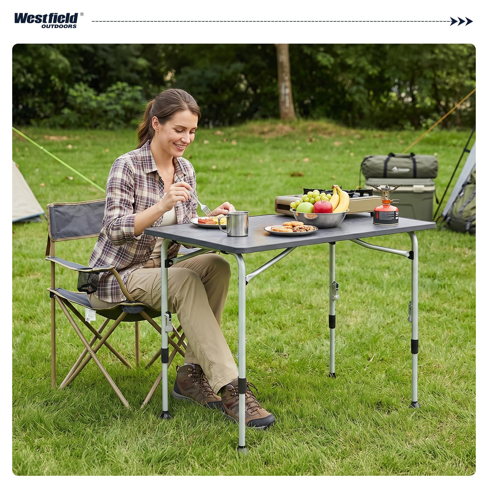 Westfield Outdoors Superb Campingtisch Klappbar Höhenverstellbar Klapptisch für 4-8 Personen, Stabiler Gartentisch Falttisch mit Breiten Standfüßen für Camping, Wohnwagen & Terrasse, Grau