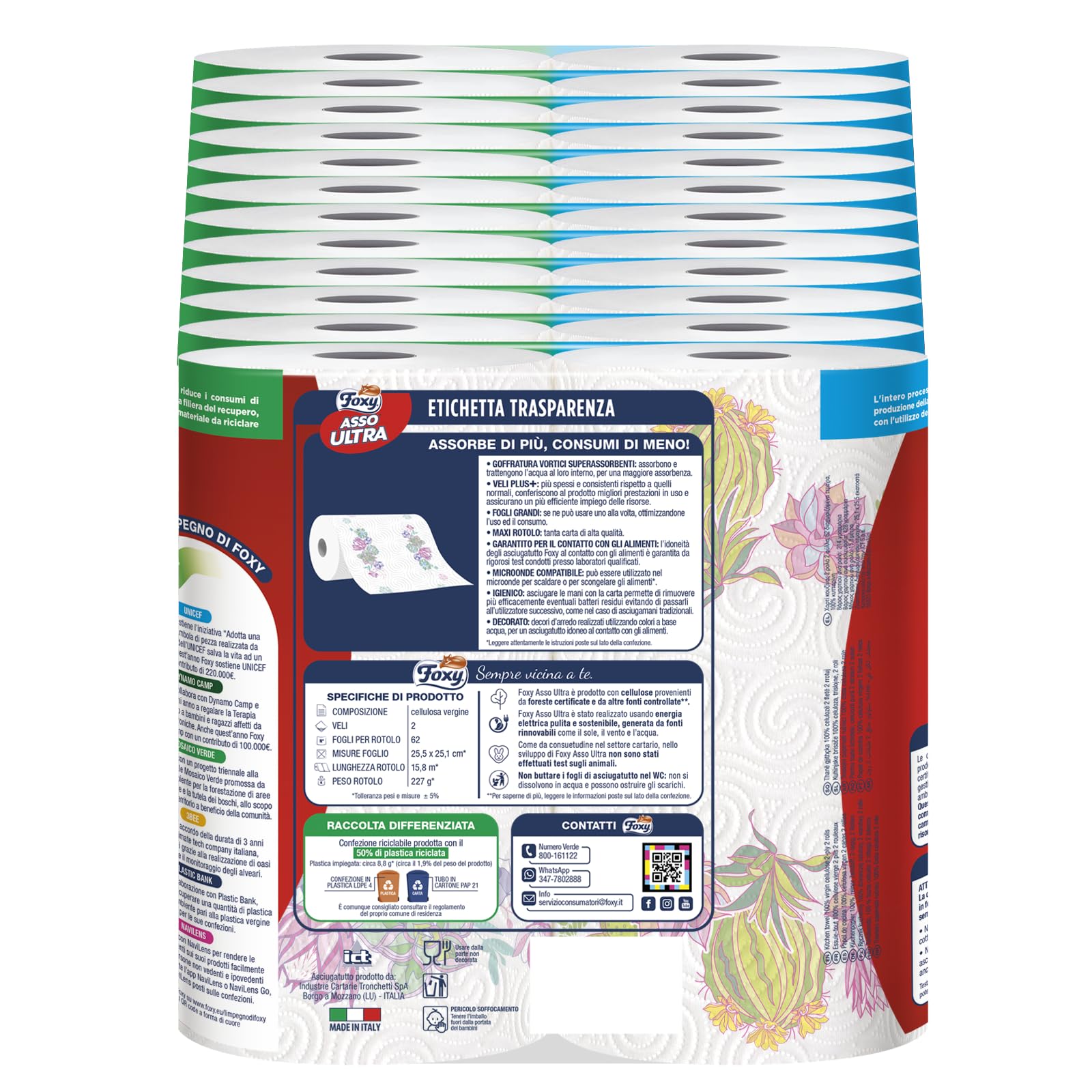 Foxy Asso Ultra |Asciugatutto 24 rotoli| Veli Plus+ Assorbenti e Resistenti | Decorato|100% Energia elettrica rinnovabile| Confezione riciclabile prodotta con plastica riciclata
