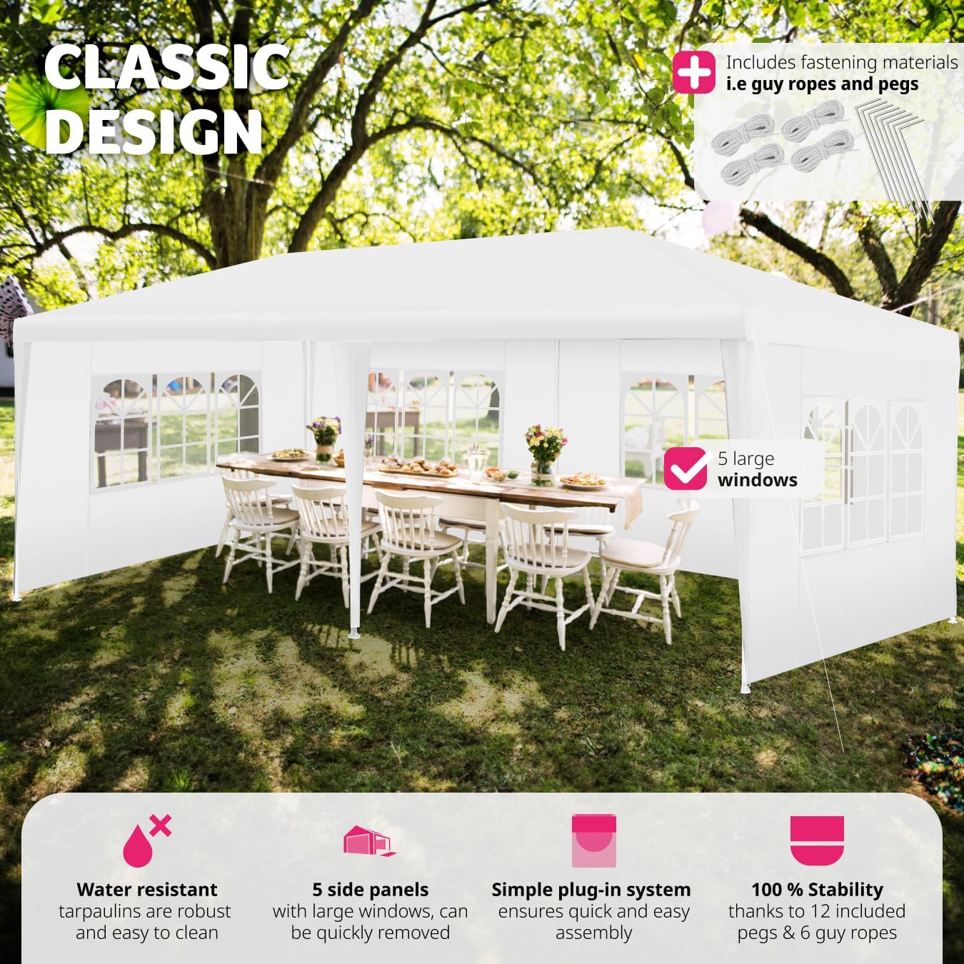 Image of the assembled gazebo with all side panels attached, showing the large windows.