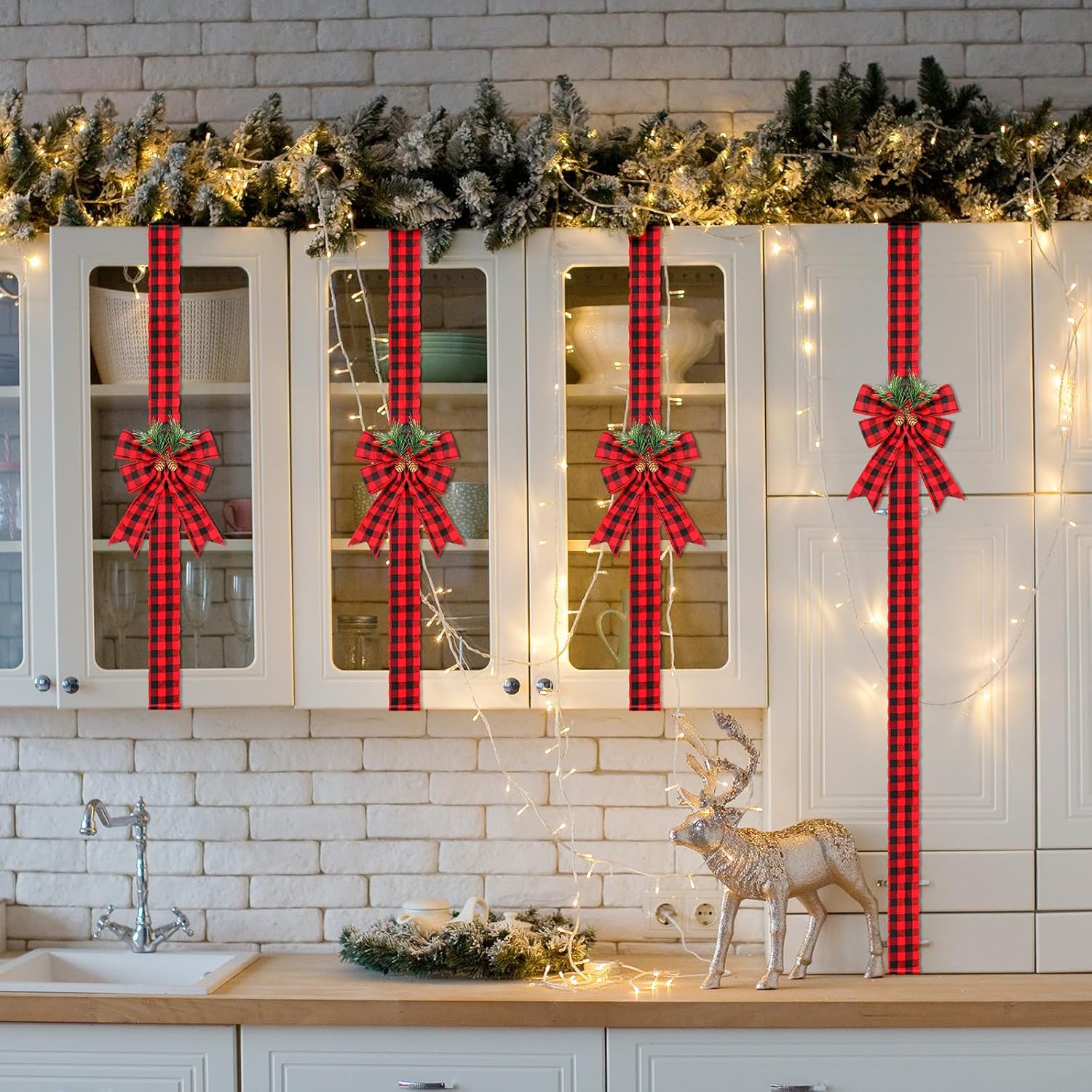 Crowye 8 Pcs Christmas Cabinet Door Ribbons Bows with Pine Cone 78.7 Inch Large Christmas Door Cabinet Bows for Furniture Kitchen Window Home Xmas Tree Holiday Party Supplies(Red and Black Plaid)