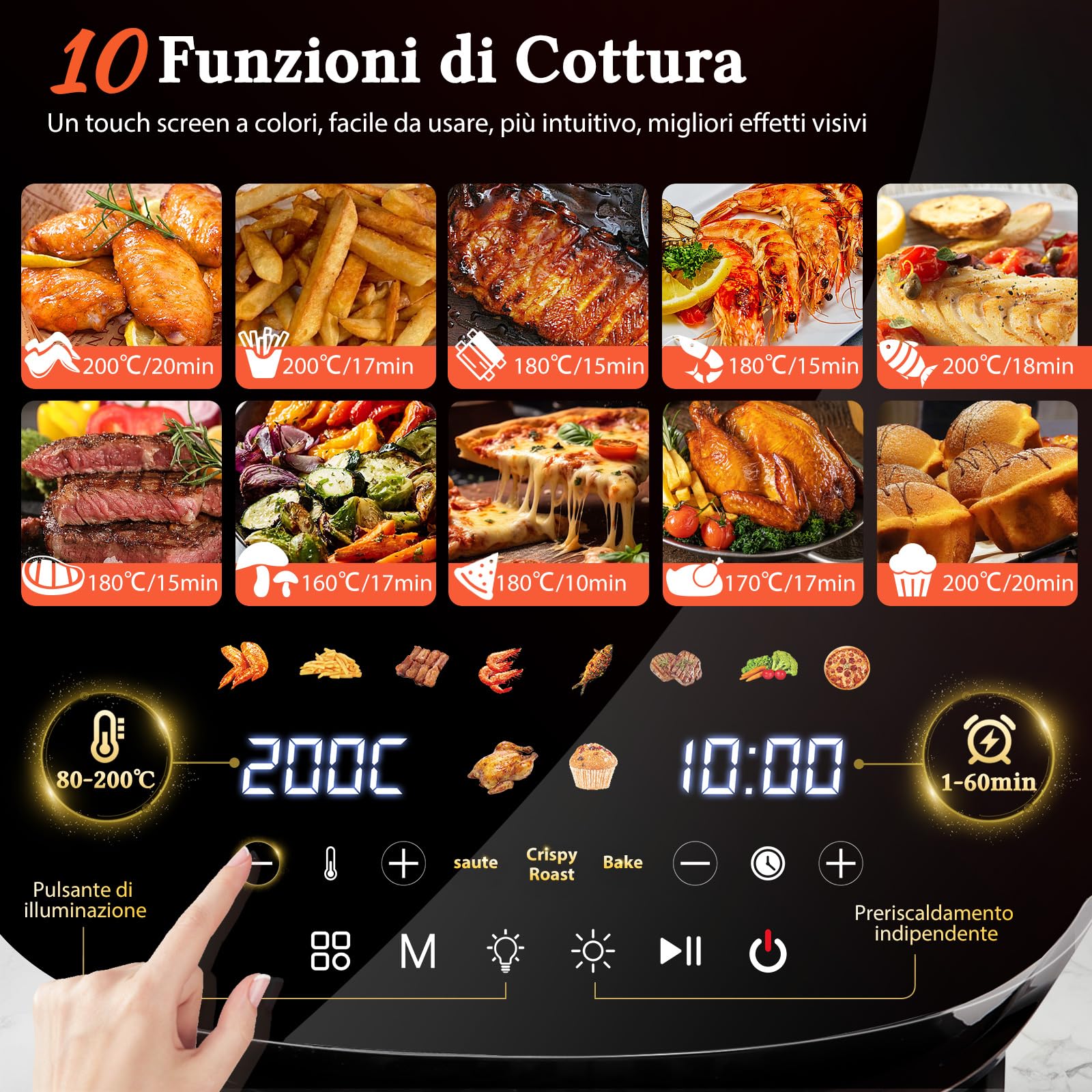 Taylor Swoden Friggitrice ad Aria 8L, 2000W Air Fryer con Doppia Resistenza e Interno in Metallo, Finestra Visibile, 10 Programmi, Senza Girare, Nero