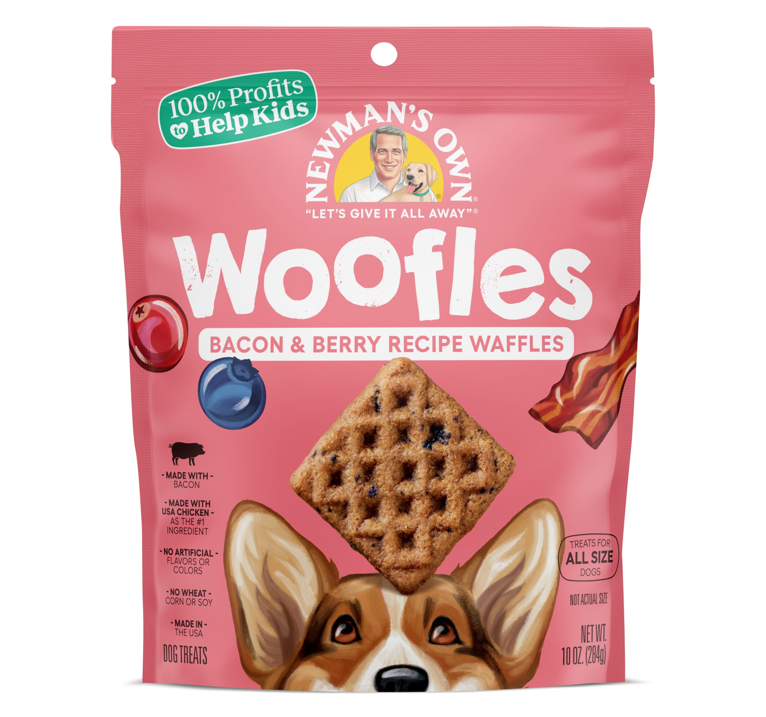 Newman's Own Bacon & Berry Woofles Waffle Dog Treats, 10 oz Bag — Soft & Chewy Waffles, No Artificial Flavors or Colors, Wholesome Training Rewards,