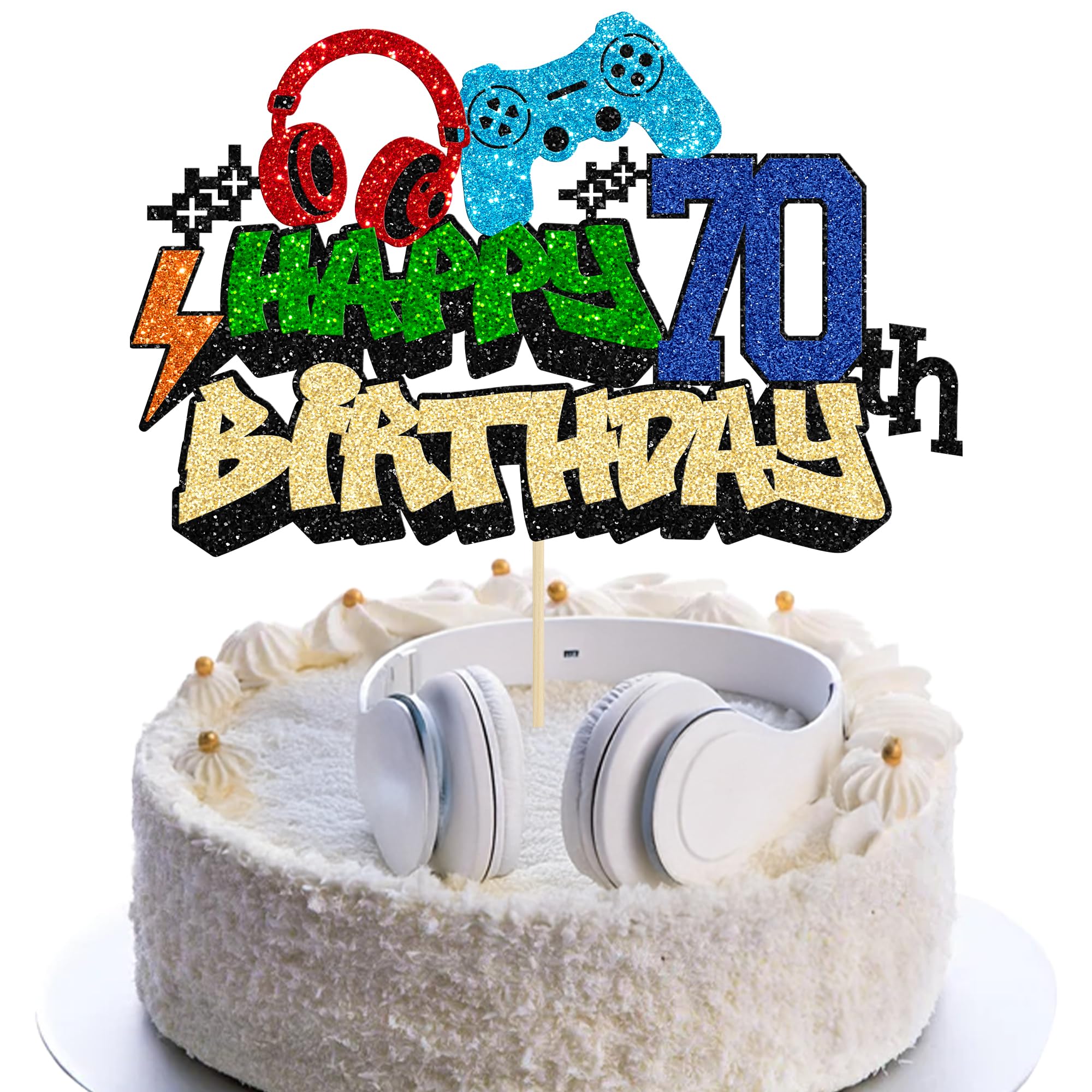 Gyufise 1Pcs Happy 70th Birthday Cake Topper Glitter Video Game Cake Pick Game On Controllers Eighteen Cheers to 18 Years Cake Decoration for Game Theme Happy 70th Birthday Party Supplies