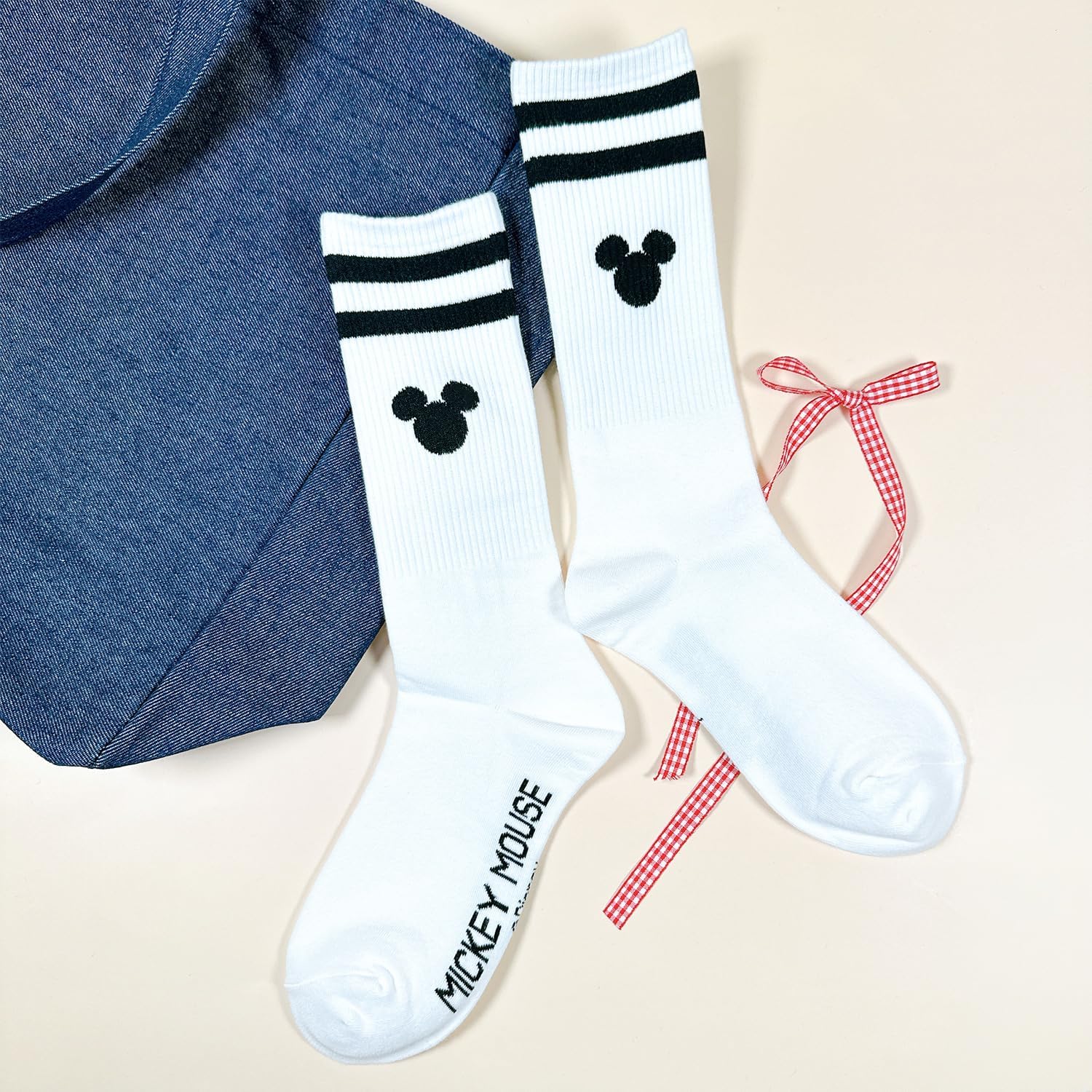 Mickey Mouse Crew Socks, 4 Pairs, Striped Design, White Black Pink Beige collection