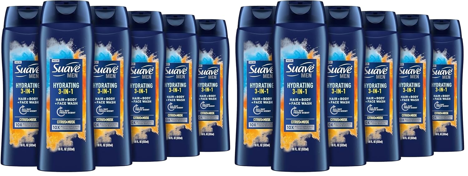 Suave Men Moisturizing Body, Face and Hair Wash, 3-in-1 For Hydrated Skin and Hair, Citrus & Musk scent, No Parabens, No Phtahaltes, 18 Oz, (Pack of 12)