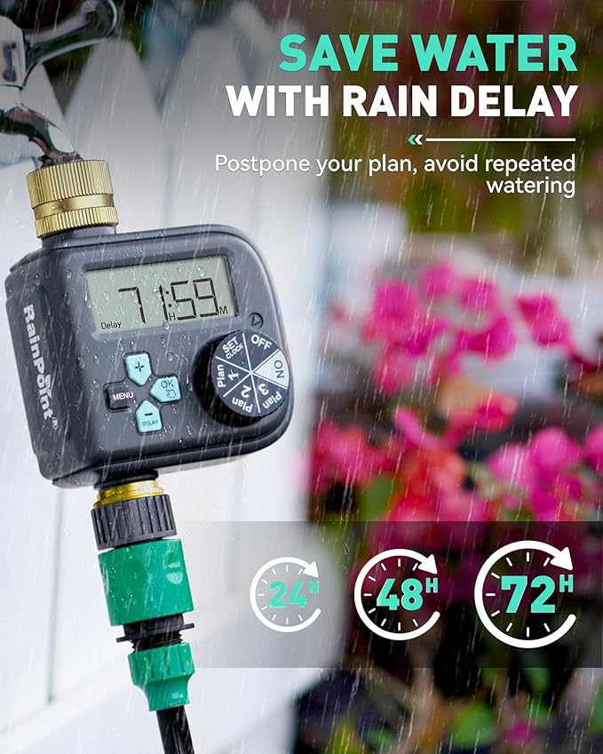 Overall, the RAINPOINT Sprinkler Timer is a reliable and easy-to-use watering timer that offers flexibility and convenience for maintaining your garden or yard. Its durable construction and advanced features make it a valuable tool for ensuring your plants receive the proper care they need, while helping you save time and water. Whether you are a novice gardener or experienced landscaper, the RAINPOINT Sprinkler Timer is a practical and efficient solution for achieving lush and vibrant foliage in your outdoor space. Description by ChatGPT.