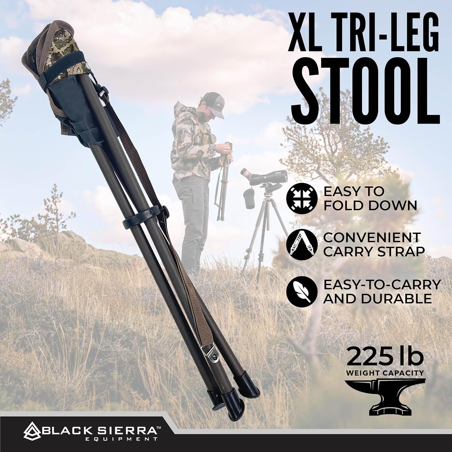 Black Sierra Folding Hunting Stool w/Shoulder Strap Supports 225 lbs, Lightweight Collapsible Tripod Seat, Foldable Steel Frame Chair Perfect for Hunting, Fishing, Hiking, Travel - Image 7