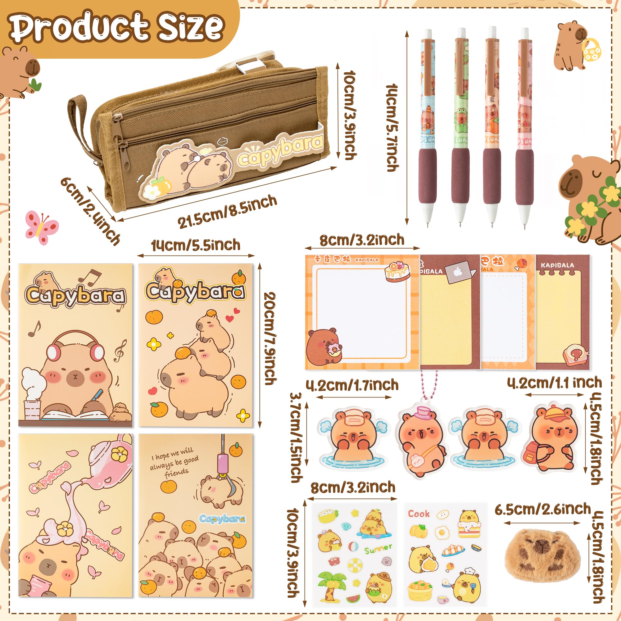 GwaOery Capybara Stationery Set - Multifunctional Pencil Pouch Large Capacity Case with Zip Multi-Layer Pencil Case Include Capybara Pens Keychains Sticky Notes for Office Kids School Supplies - Image 2