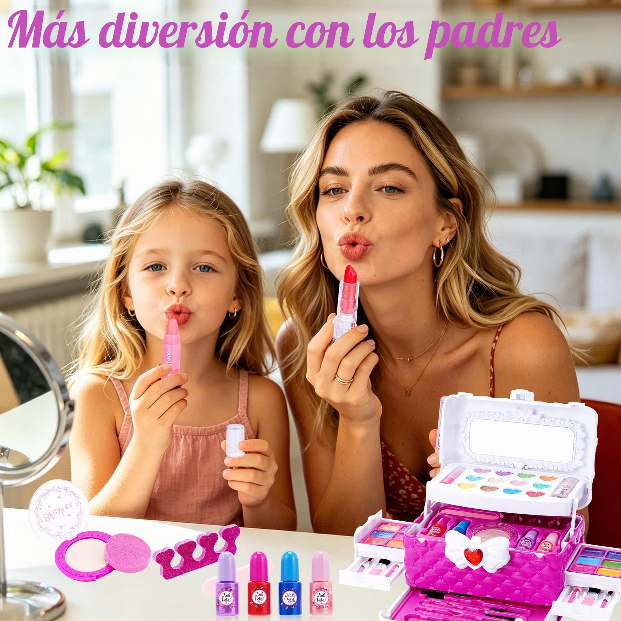 Set de maquillaje para niños de 53 piezas, juego de maquillaje para niñas, set de maquillaje no tóxico y lavable, set de regalo de maquillaje, juego de rol para Navidad y Halloween, maletín de