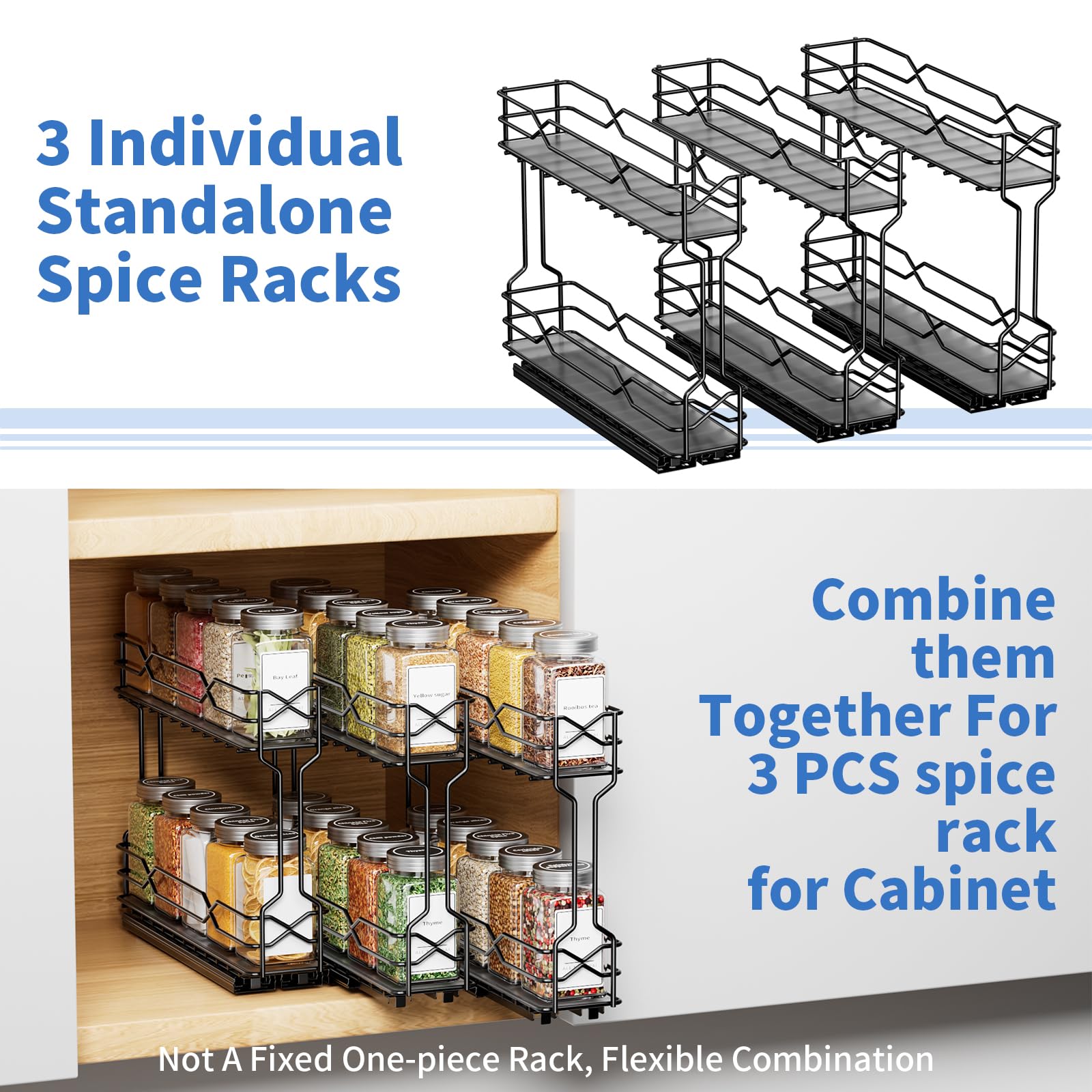 Gewürzregal Ausziehbar 3er-Pack, Gewürz Organizer Für Schrank | Modulares 3er-Pack, Doppelte Gleitschienen, Vollauszug-Design , Schwarze Metallkonstruktion, Einfache Montage, Schrank