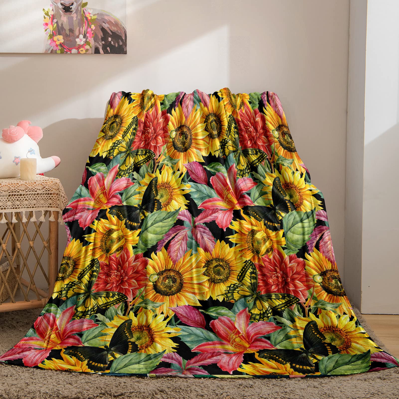 YUANZU Sunflower Blanket Throw, Girls Watercolor Floral Butterflies Pink Lily Blackberries Leaves Pattern Soft Cozy Flannel Baby Blanket, Warm Lightweight Plush Throw Couch Sofa Bed Cover 50x60 inch