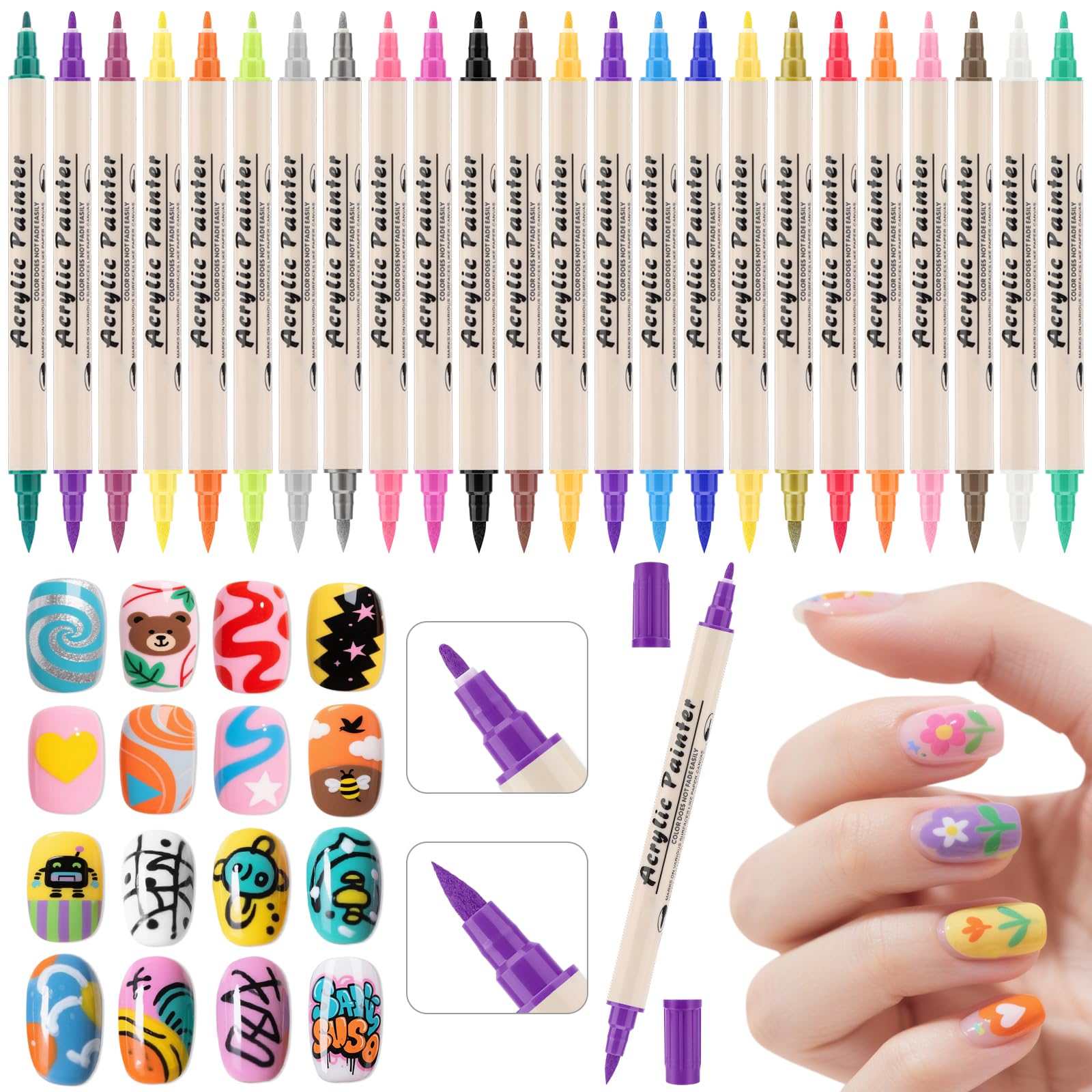Nail Art Pens Set: 24 Colors Double Ended Quick Dry Nail Polish Pens for Nail Art Design