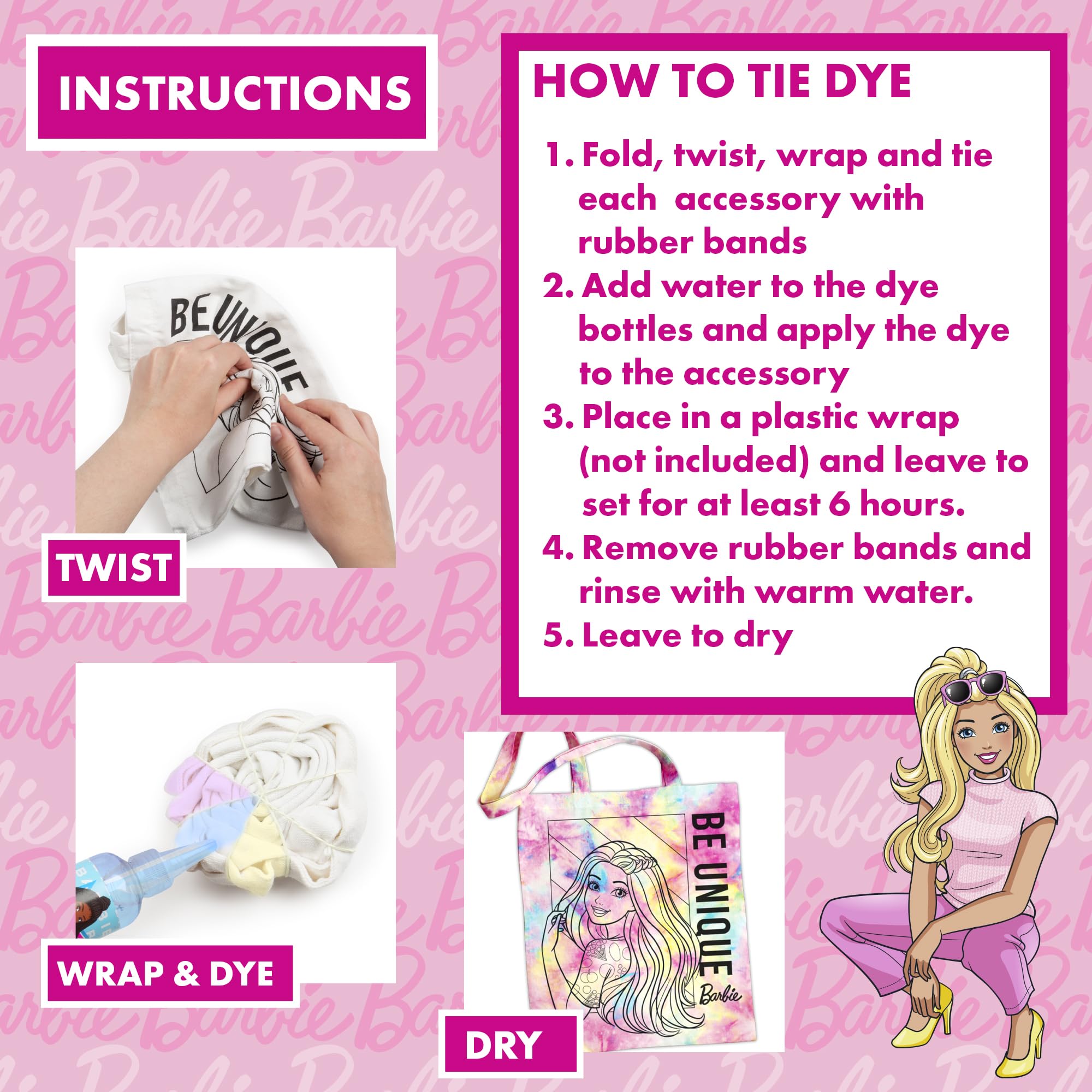 Abeec Barbie Tie Dye Kit with Tote Bag, Purse and Headband. Fashion Design Accessories, Fun Arts and Crafts, Educational Toys for Girls - Image 3
