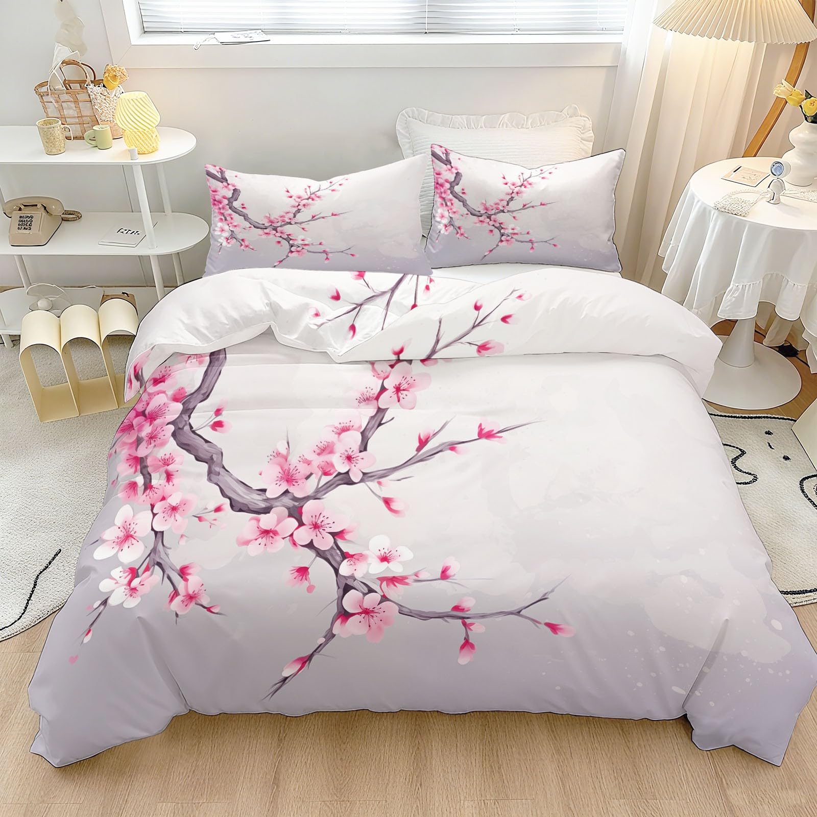 Housse de couette 200x200 fleurs de cerisier blanc-rose