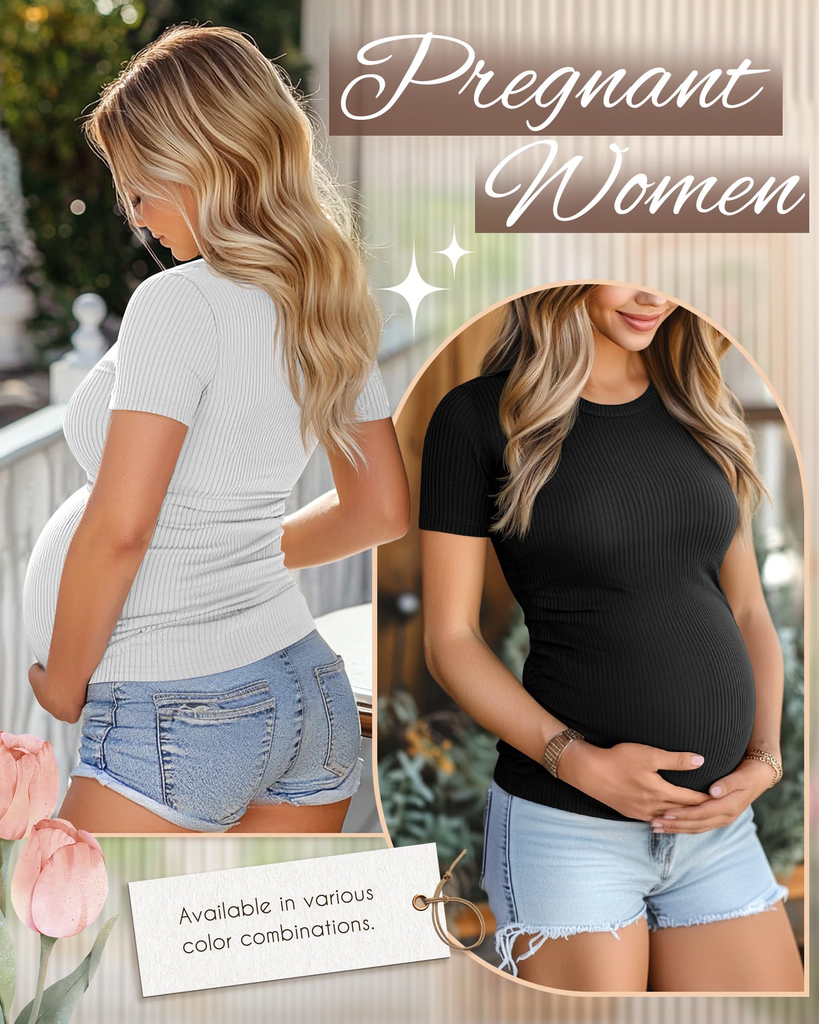 Ficerd Pack de 3 Chemises de Grossesse en Coton, Manches Courtes, Plissé Latéral, Tissu Rayé