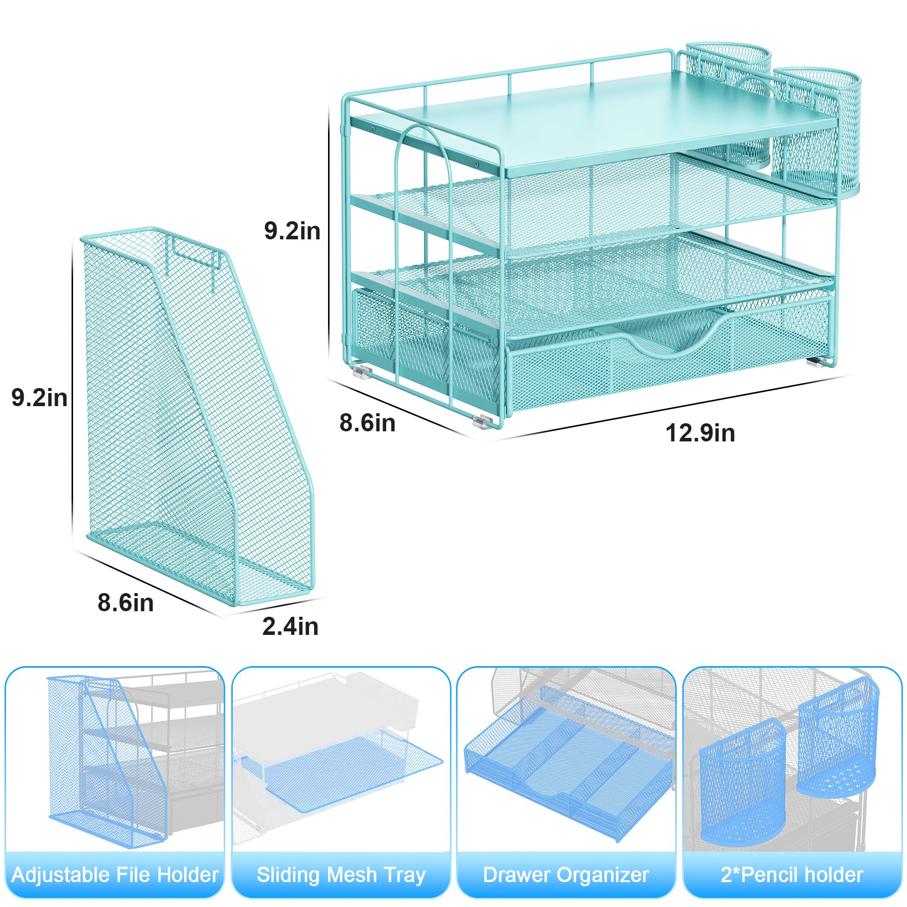 gianotter Desk Organizers and Accessories with File Holder, 4-Tier Desk Accessories & Workspace Organizers with Drawer and 2 Pen Holder, Desk Reference Organizer (Blue, 4T with Metal Drawer) view 5