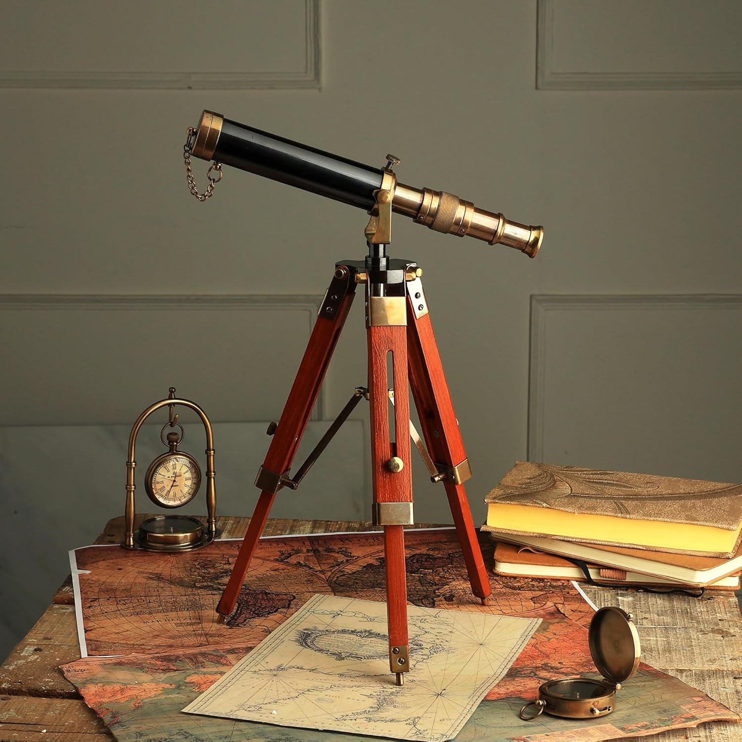 Table Décor 9 inch Telescope Vintage Marine Gift Functional Instrument Collectables Gift Item (Brass Antique + Wood)