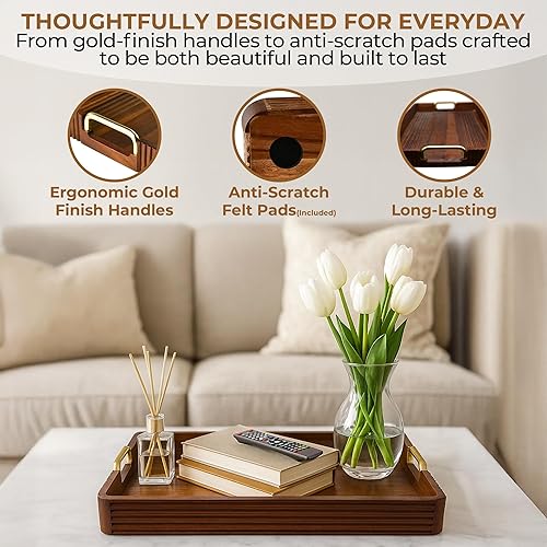 Miniatura 7 de Acacia Wood Serving Tray with Metal Handles, 17x13in, Decorative Coffee Table Tray & Ottoman Tray, Anti-Slip Pads, Dark Wood Tray for Breakfast in