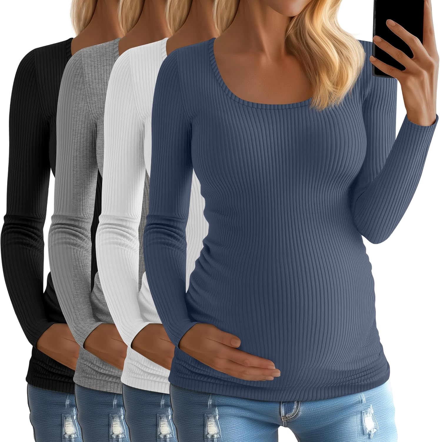 Huukeay 4 Pack Women's Cotton Maternity Tops Long Sleeve Ribbed Side Ruched Scoop Neck Shirts Casual Mama Pregnancy Clothes