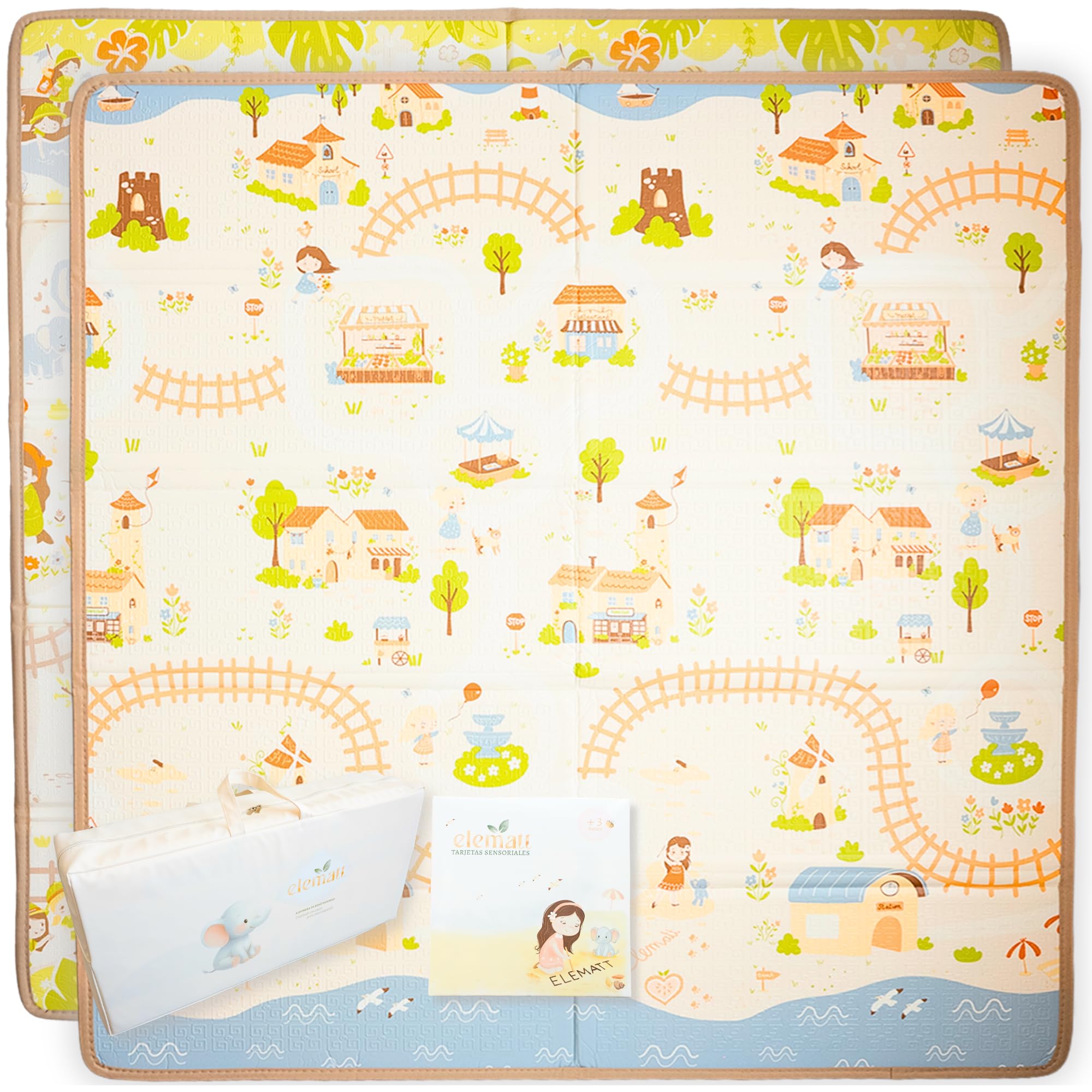 Alfombra Bebe Acolchada Plegable 150x180 cm – 1,5 cm XPE Extra Gruesa, Reversible y Antideslizante | Incluye Bolsa Premium y 20 Tarjetas Sensoriales – elematt
