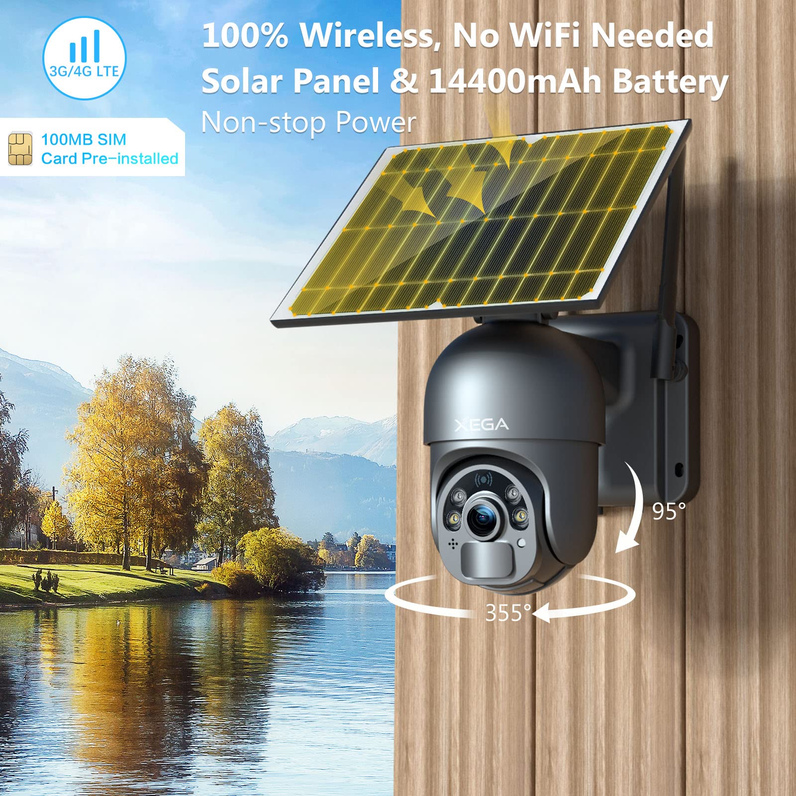 Amazon.com : Xega 4G LTE Cellular Security Camera Wireless Outdoor Solar  Powered, 2K HD Color Night Vision Pan Tilt 355° View, Smart Motion  Detection, 2 Way Talk, No WiFi, SIM Card Included -