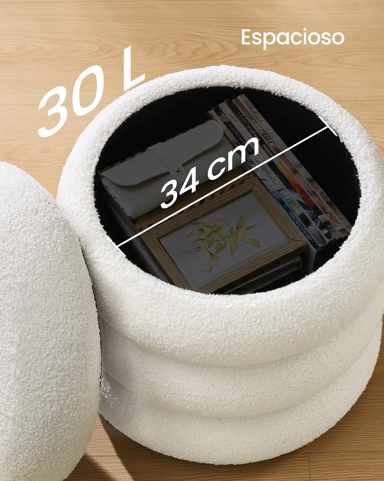 SONGMICS Taburete de Tocador, Puff Redondo con Almacenamiento, Reposapiés Acolchado, Tapa Extraíble, Salón Dormitorio Recibidor, Fácil de Montar, 43 x 47 cm, Peluche, Blanco LOM015WD01