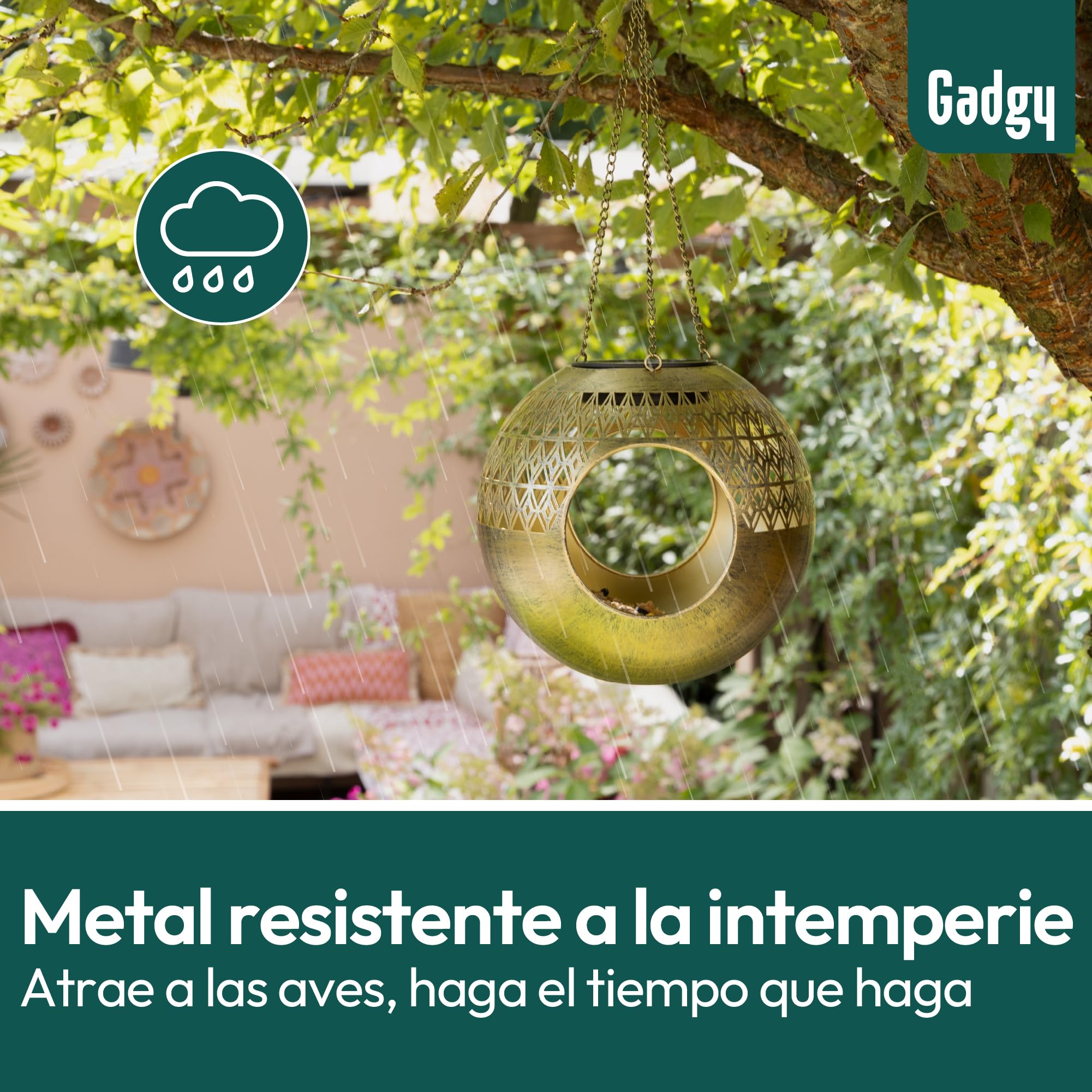 Gadgy Comedero Solar para pájaros Colgante – Diseño Redondo Moderno de Metal – Comedero para pájaros 360° con iluminación Solar – Casa para pájaros Impermeable para jardín, balcón, terraza — view 9
