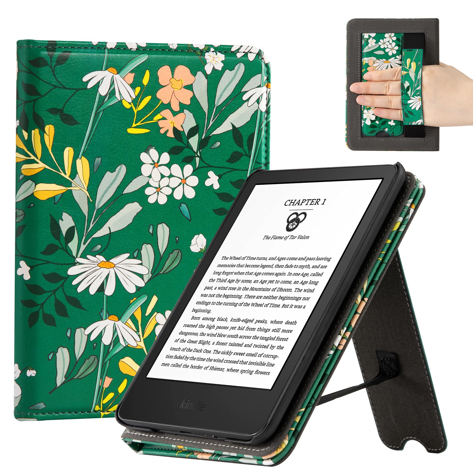 CoBak Case for 6" E-Reader - PU Leather Smart Cover with Auto Sleep/Wake &amp; Hand Strap, not Compatible with Kobo Clara,Green Whitered