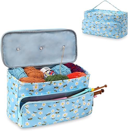JOZEA Bolsa de ganchillo, organizador de almacenamiento de hilo sin enredos con 3 ojales, bolsa de proyectos de punto y organizador grande de